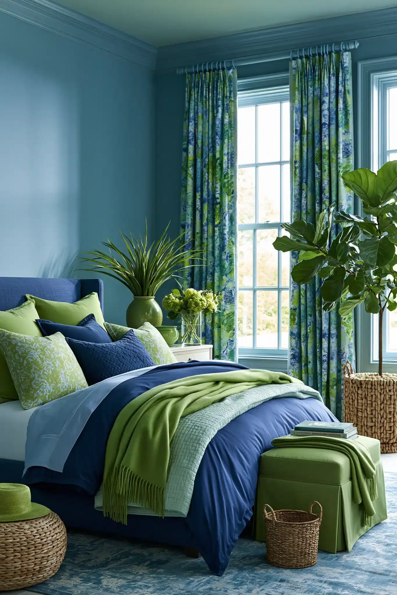 29 Navy Blue and Green Bedroom Ideas with Real Plants 11