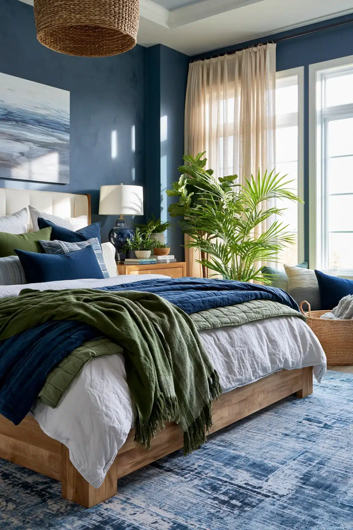 29 Navy Blue and Green Bedroom Ideas with Real Plants 12