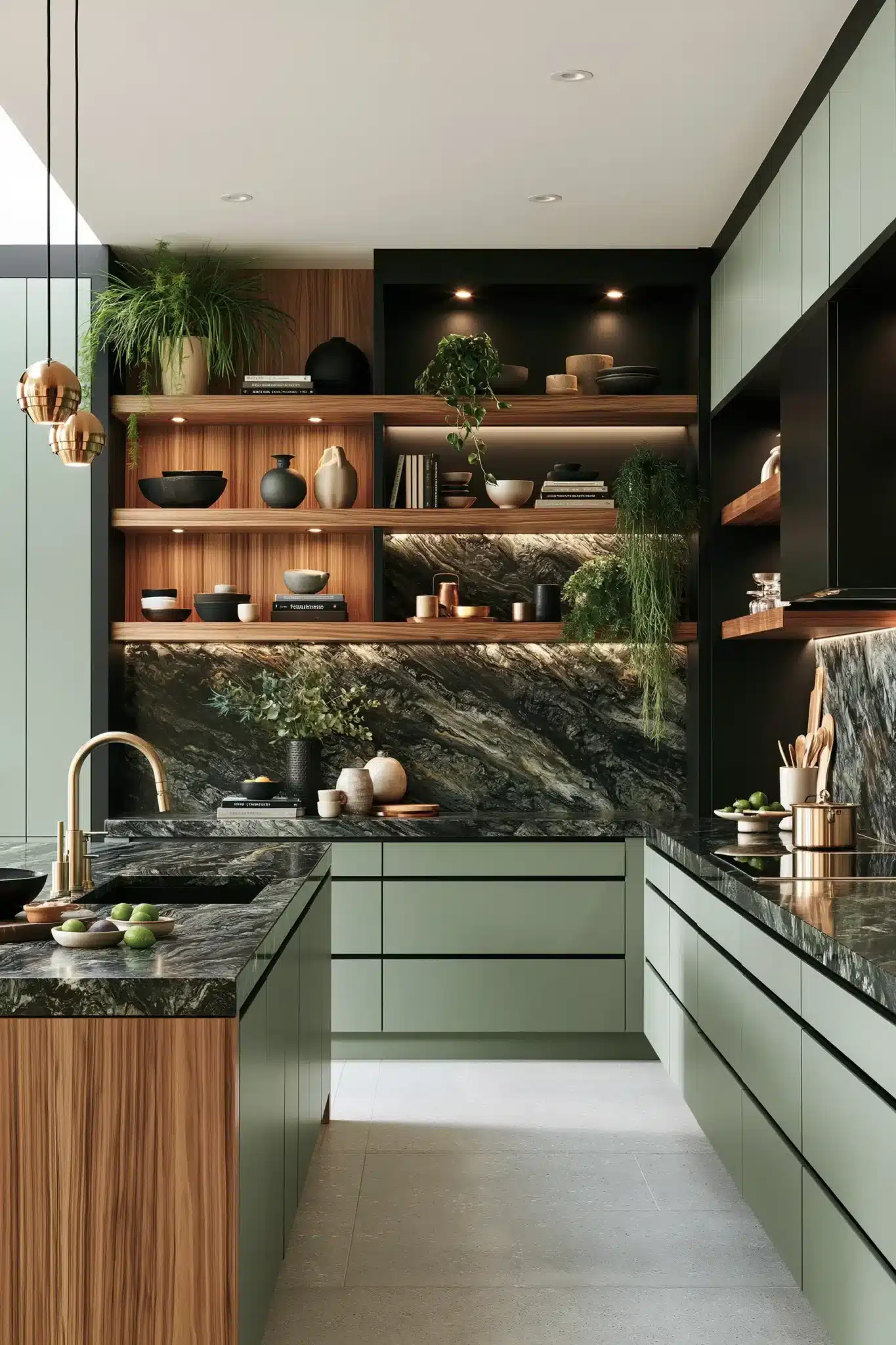 29 Sage Green and Black Kitchen Ideas with Brass Pulls 12