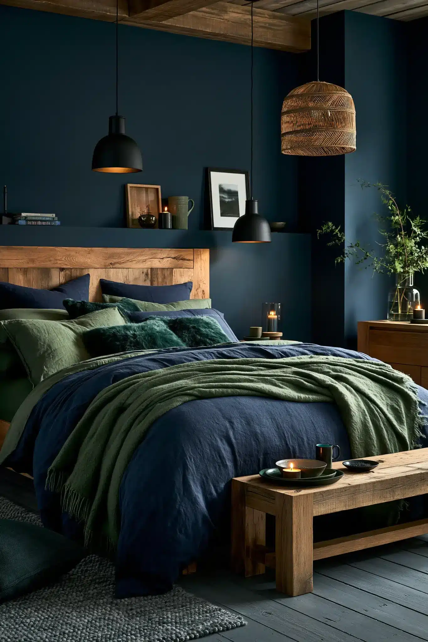 29 Navy Blue and Green Bedroom Ideas with Real Plants 13