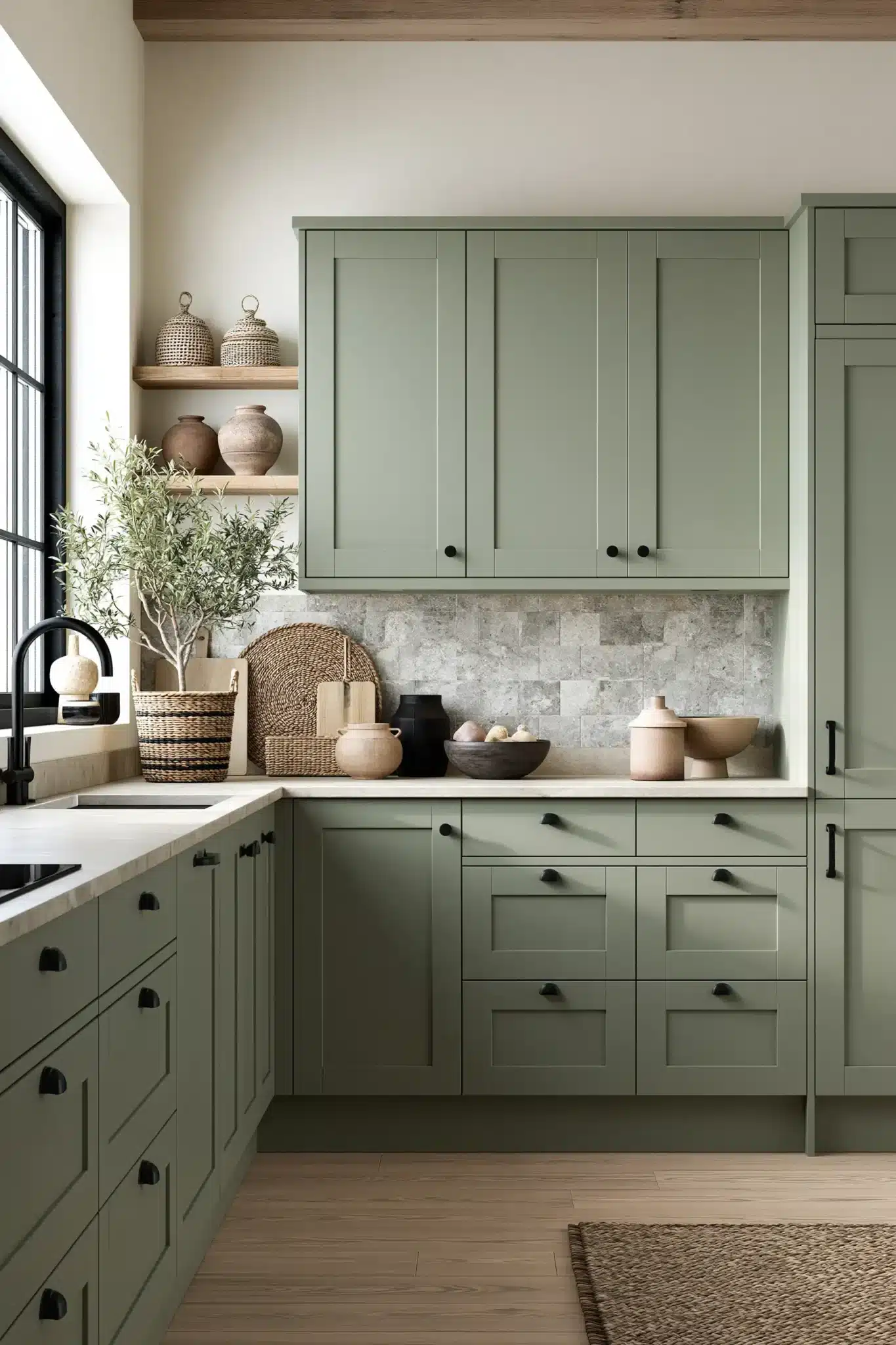 29 Sage Green and Black Kitchen Ideas with Brass Pulls 13