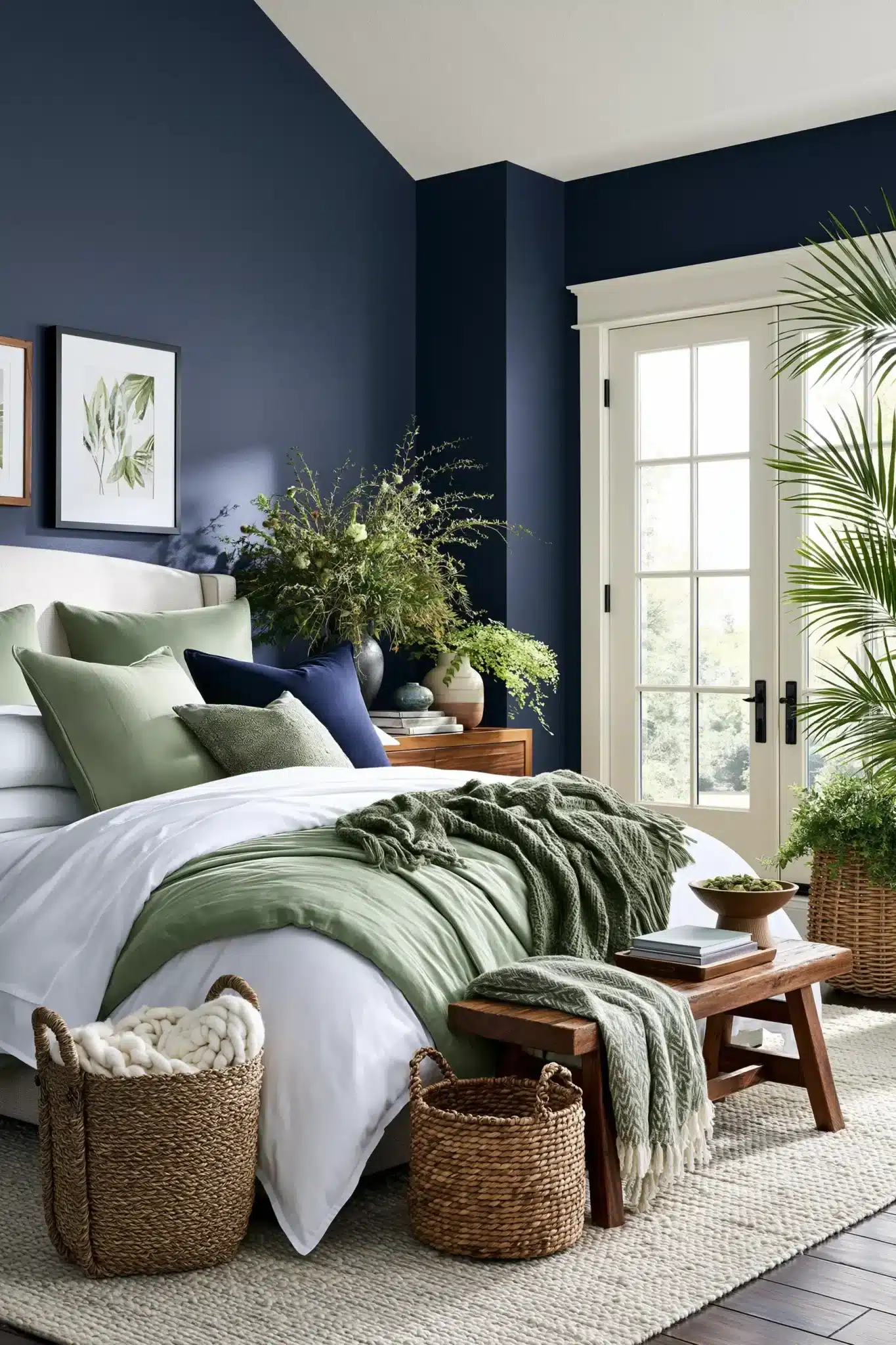 29 Navy Blue and Green Bedroom Ideas with Real Plants 14