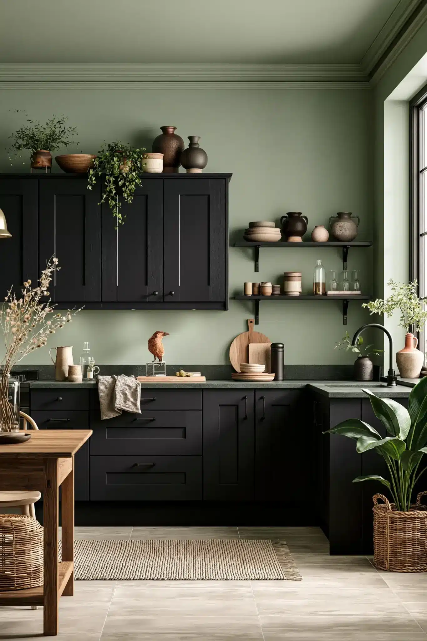 29 Sage Green and Black Kitchen Ideas with Brass Pulls 14