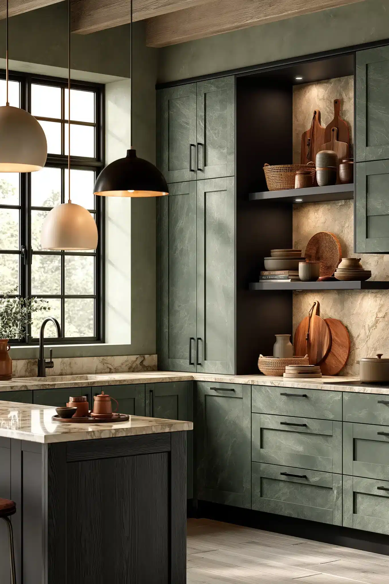 29 Sage Green and Black Kitchen Ideas with Brass Pulls 15