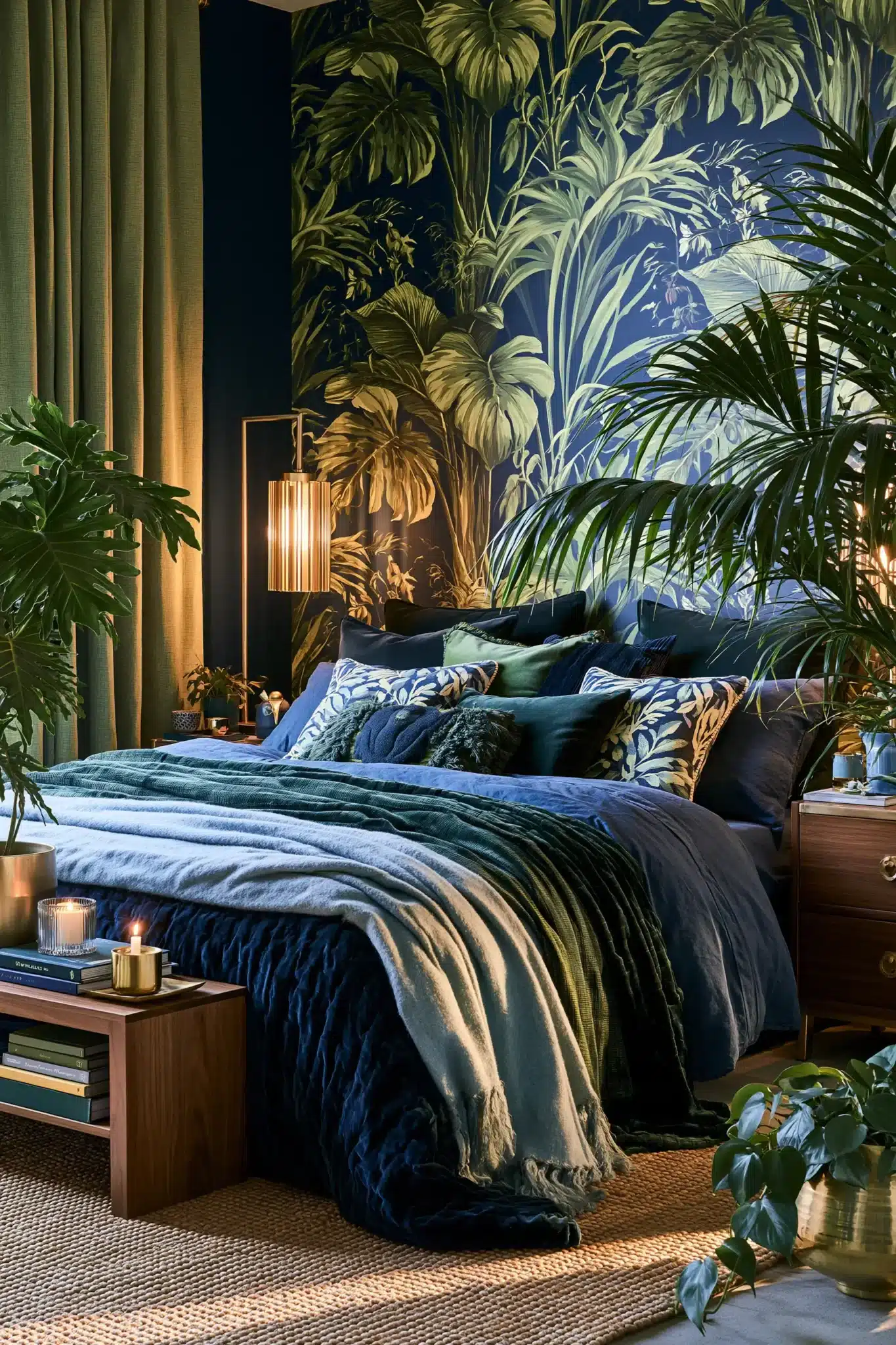 29 Navy Blue and Green Bedroom Ideas with Real Plants 15