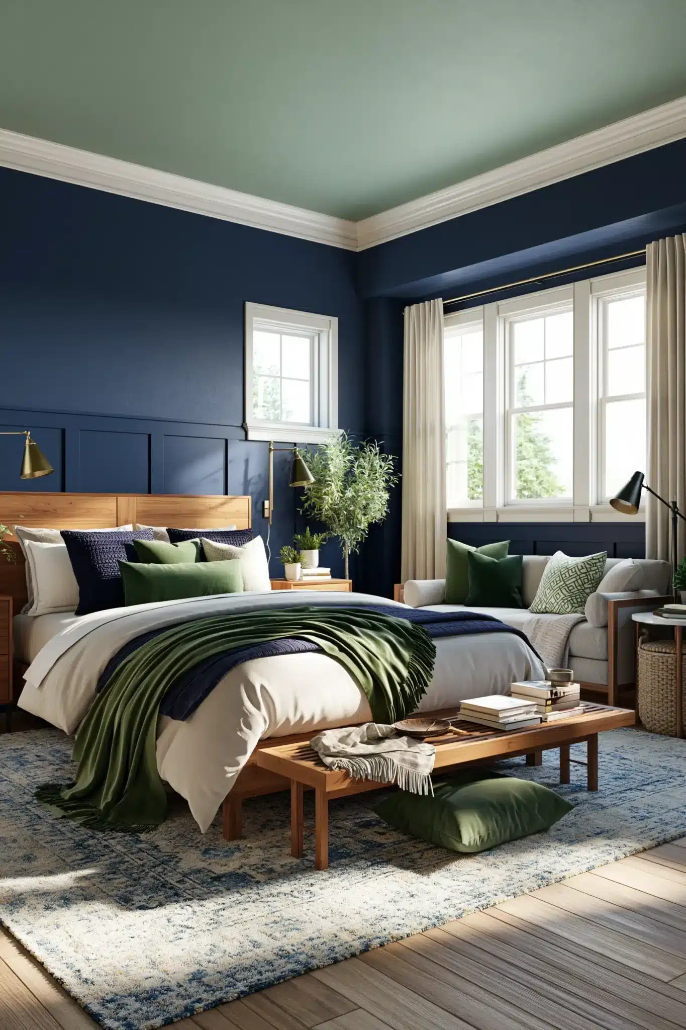 29 Navy Blue and Green Bedroom Ideas with Real Plants 16