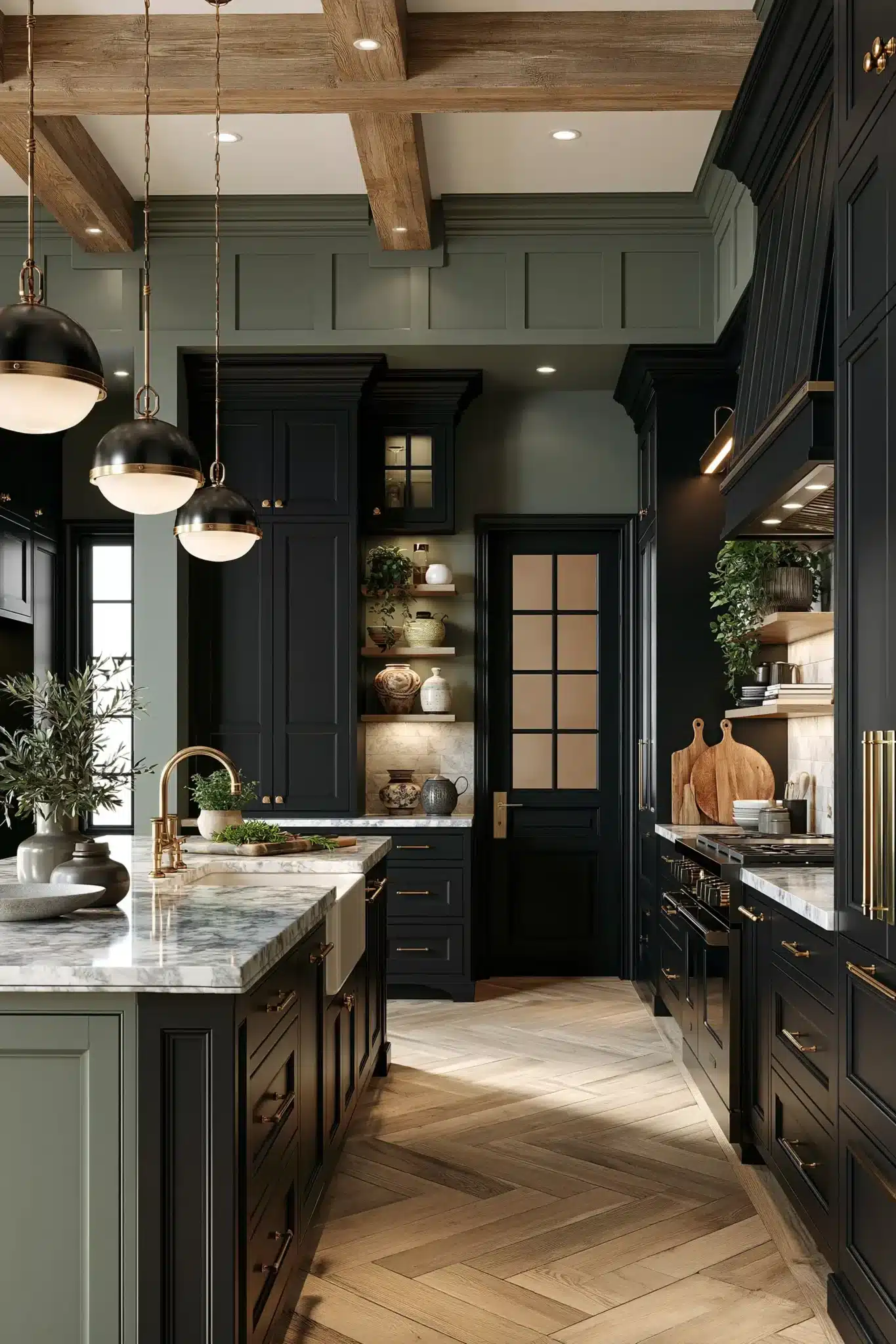 29 Sage Green and Black Kitchen Ideas with Brass Pulls 16