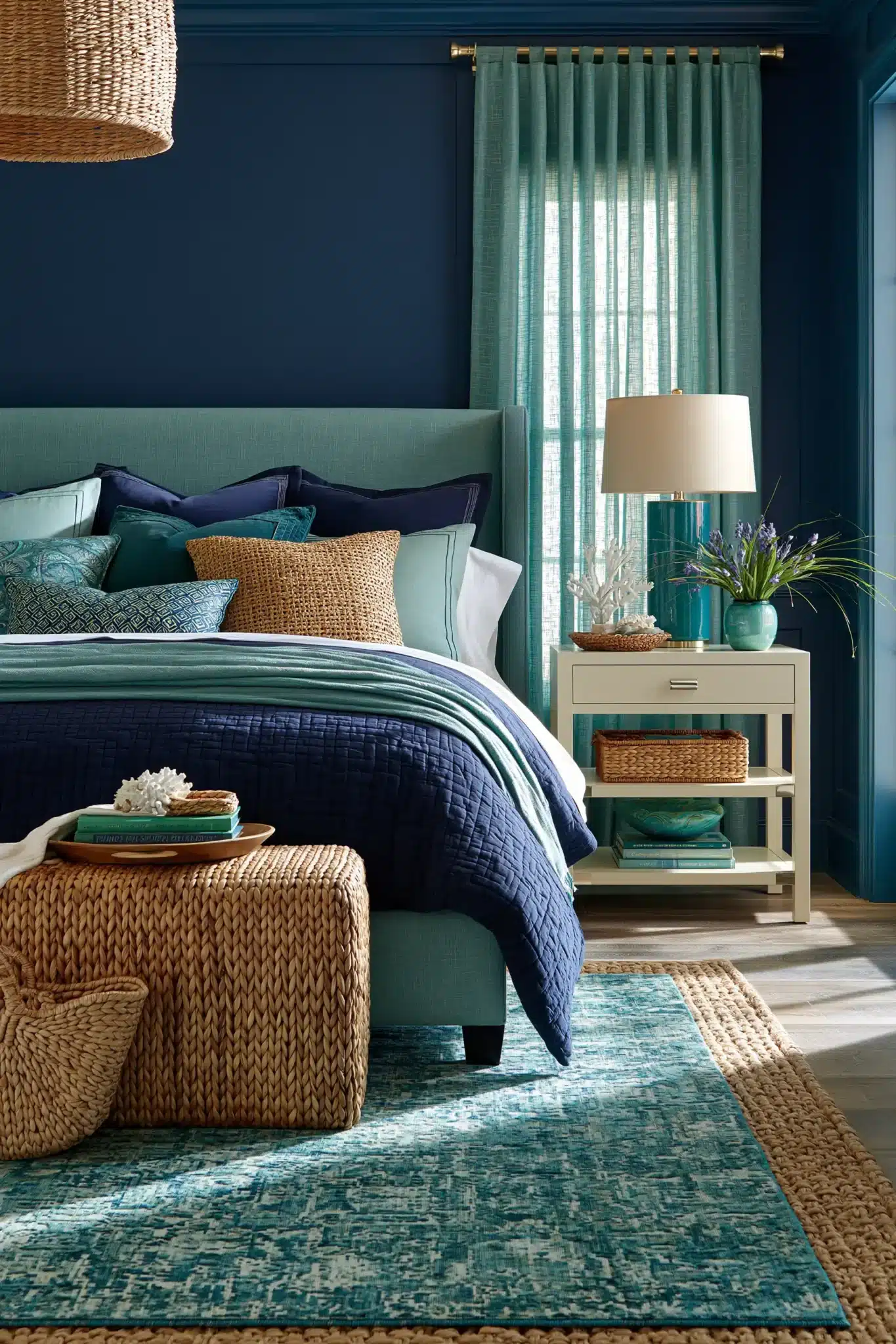 29 Navy Blue and Green Bedroom Ideas with Real Plants 17