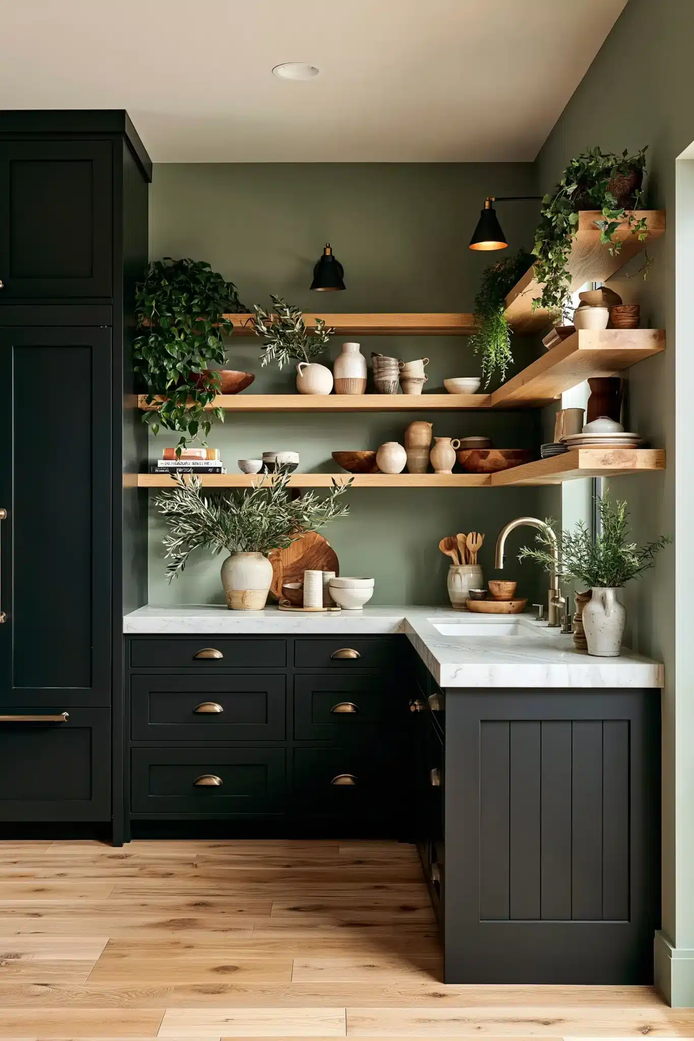 29 Sage Green and Black Kitchen Ideas with Brass Pulls 17