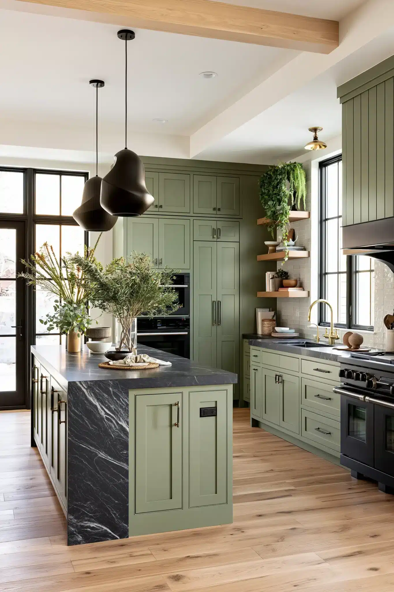 29 Sage Green and Black Kitchen Ideas with Brass Pulls 18
