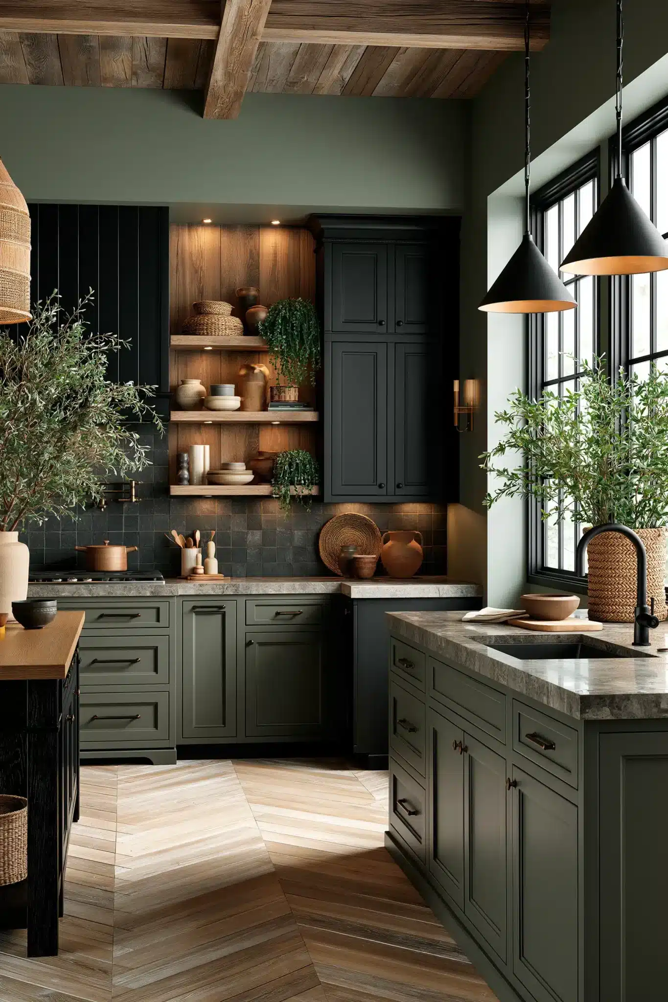 29 Sage Green and Black Kitchen Ideas with Brass Pulls 19
