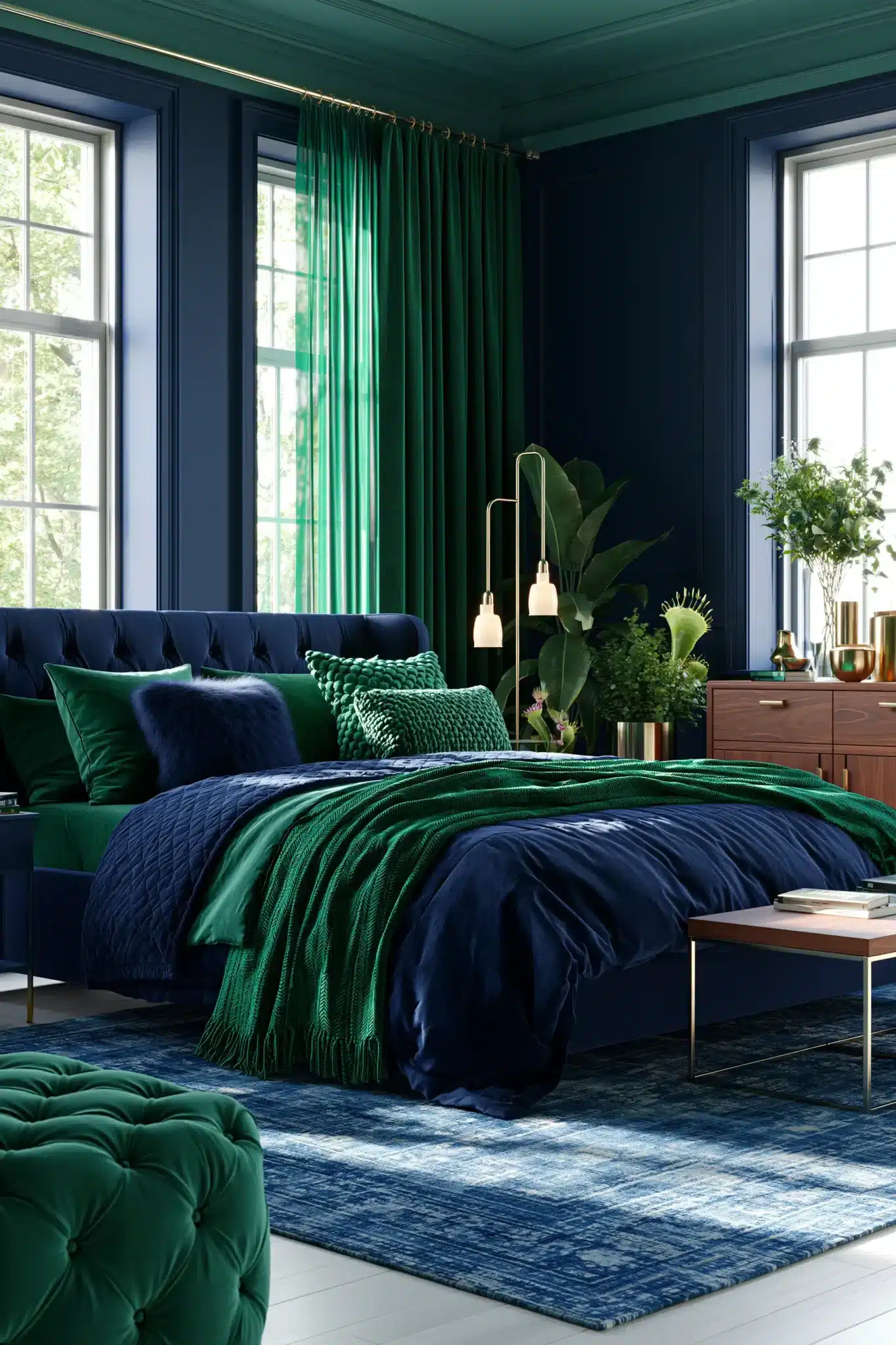 29 Navy Blue and Green Bedroom Ideas with Real Plants 19