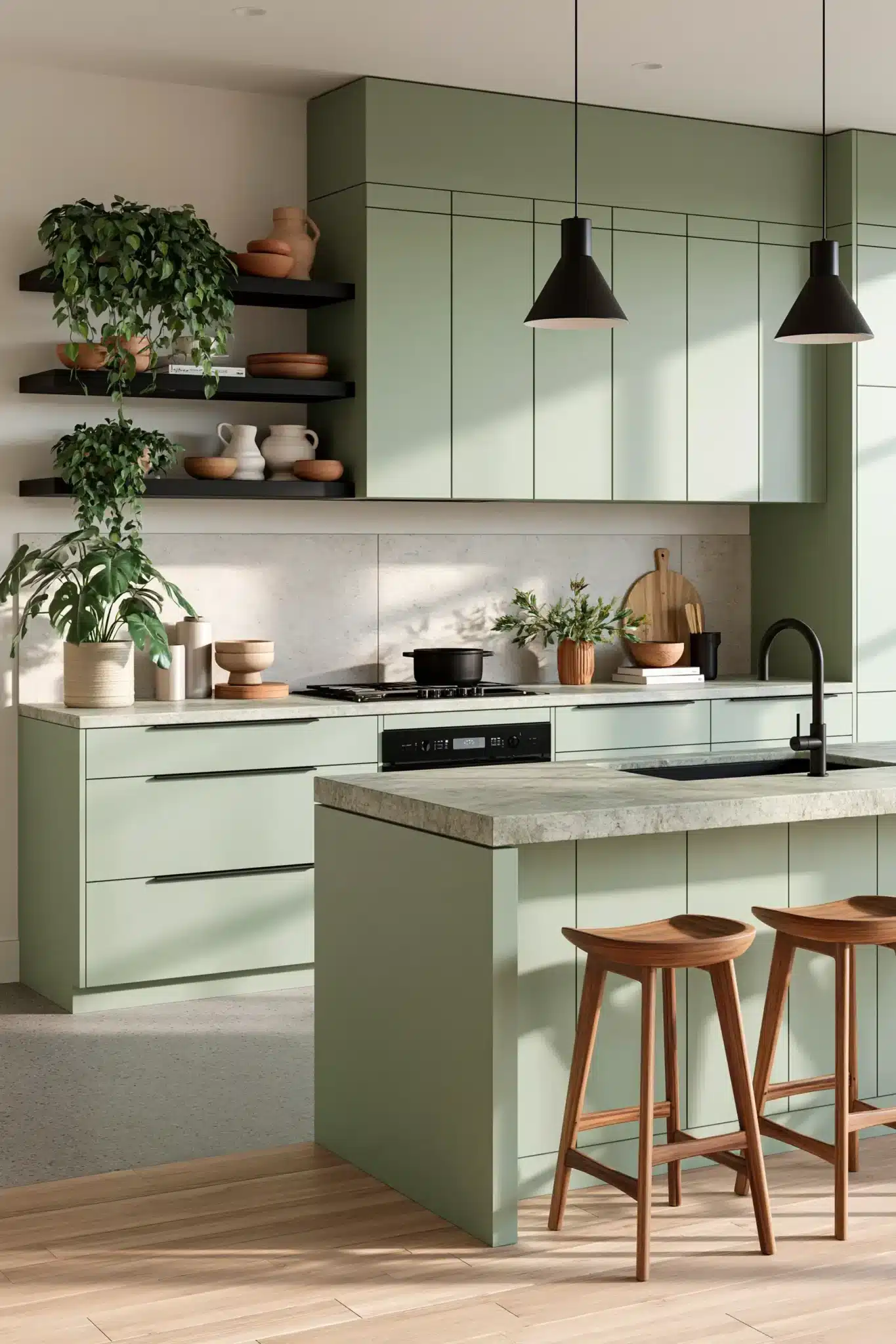 29 Sage Green and Black Kitchen Ideas with Brass Pulls 2