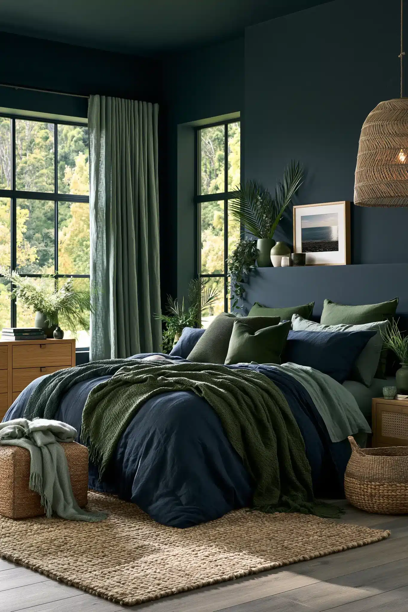 29 Navy Blue and Green Bedroom Ideas with Real Plants 2