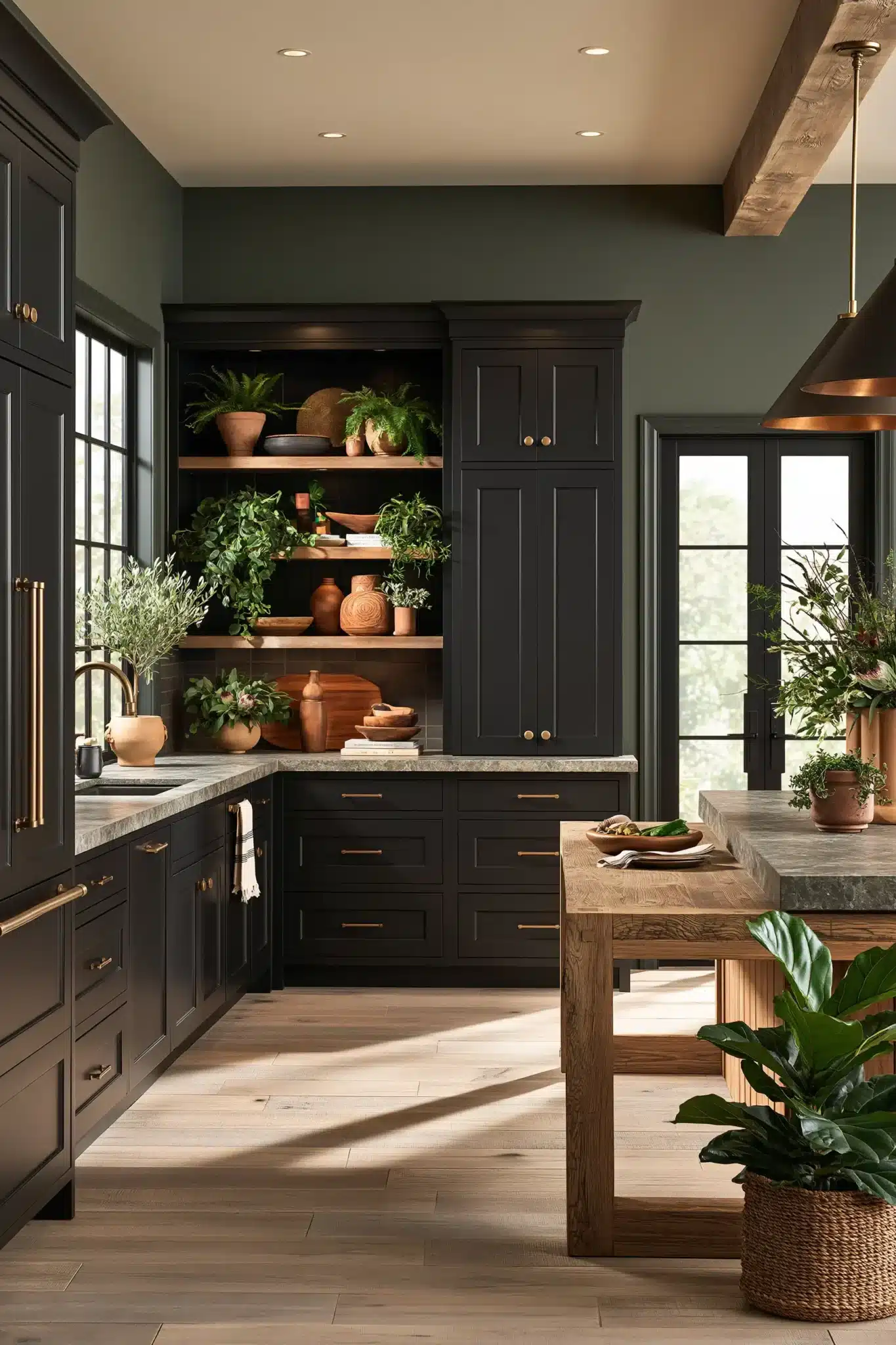 29 Sage Green and Black Kitchen Ideas with Brass Pulls 20