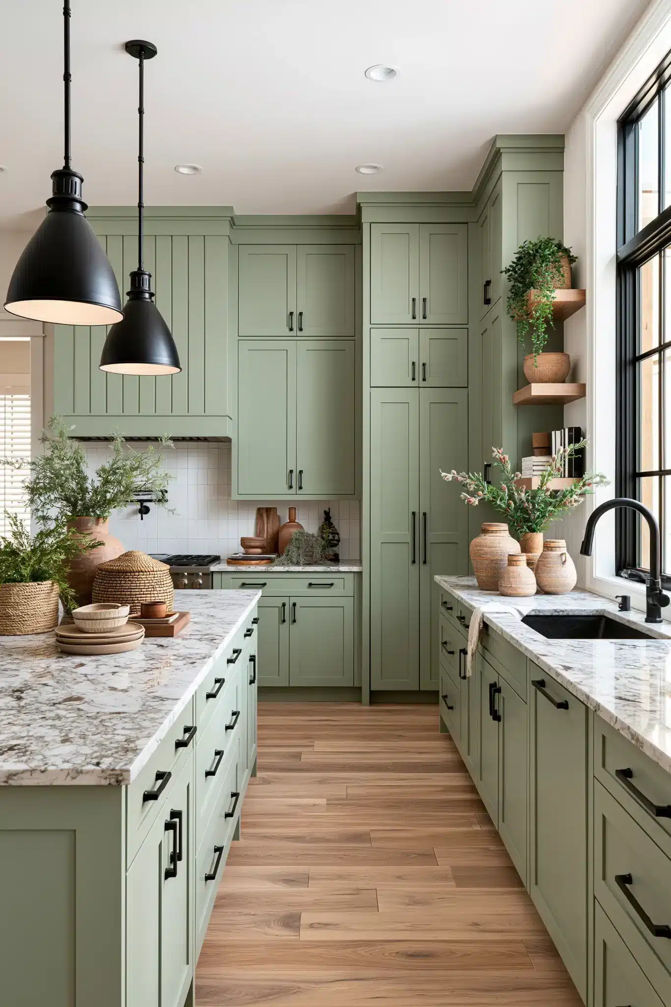 29 Sage Green and Black Kitchen Ideas with Brass Pulls 21