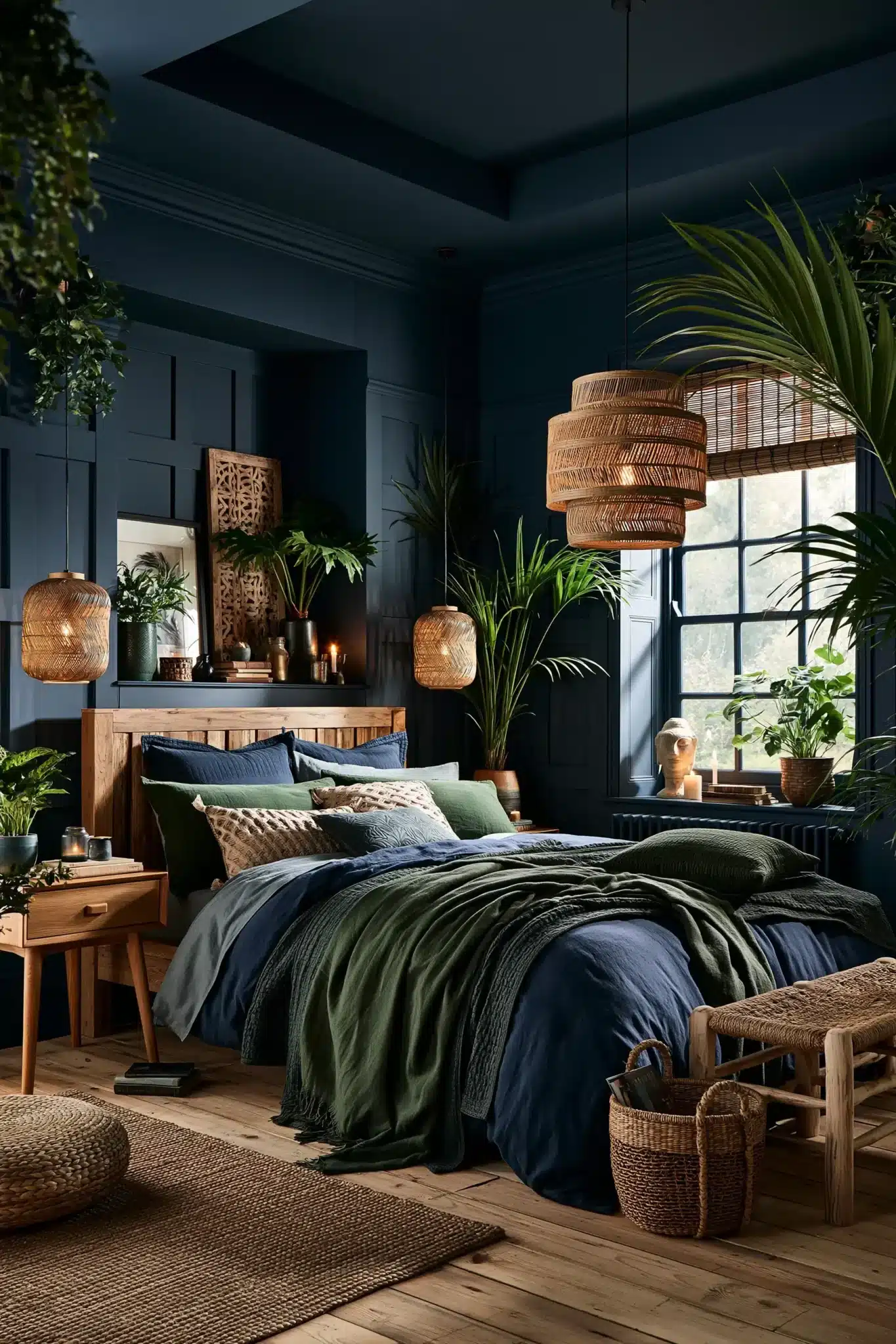 29 Navy Blue and Green Bedroom Ideas with Real Plants 21