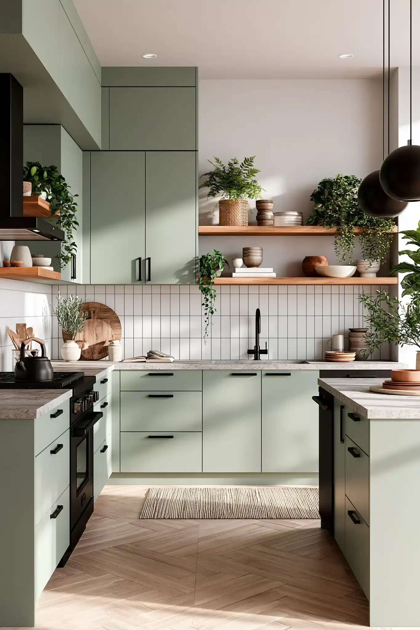 29 Sage Green and Black Kitchen Ideas with Brass Pulls 22