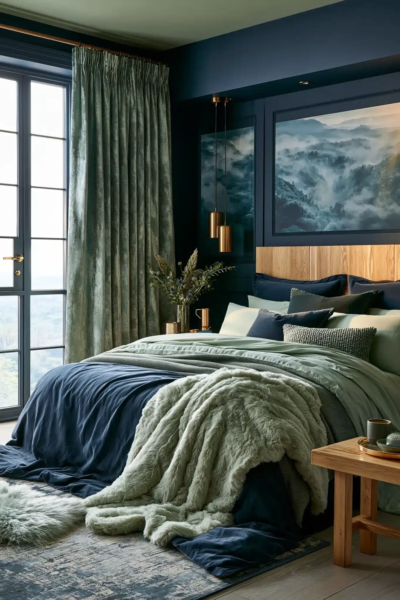 29 Navy Blue and Green Bedroom Ideas with Real Plants 22