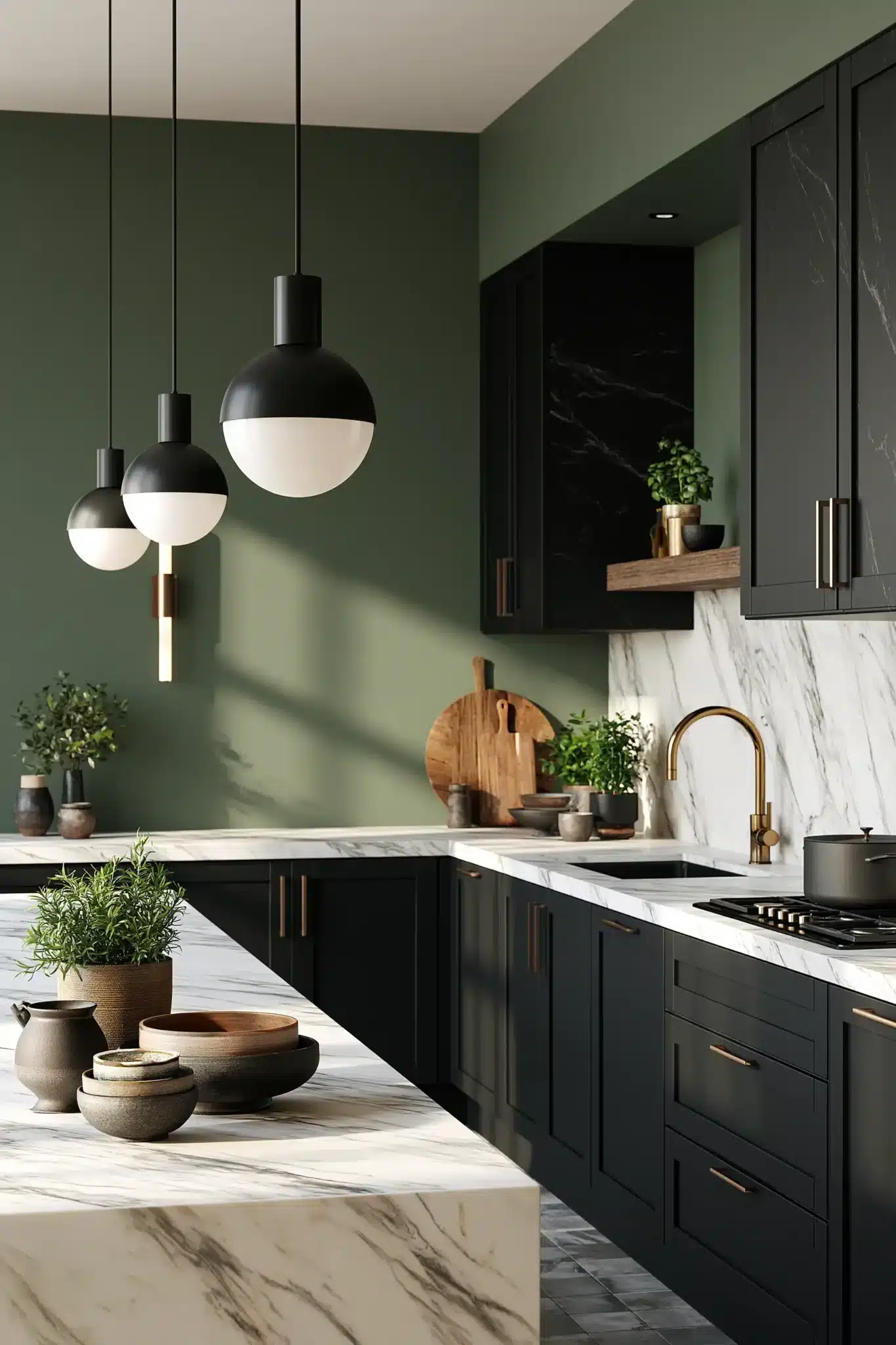 29 Sage Green and Black Kitchen Ideas with Brass Pulls 23