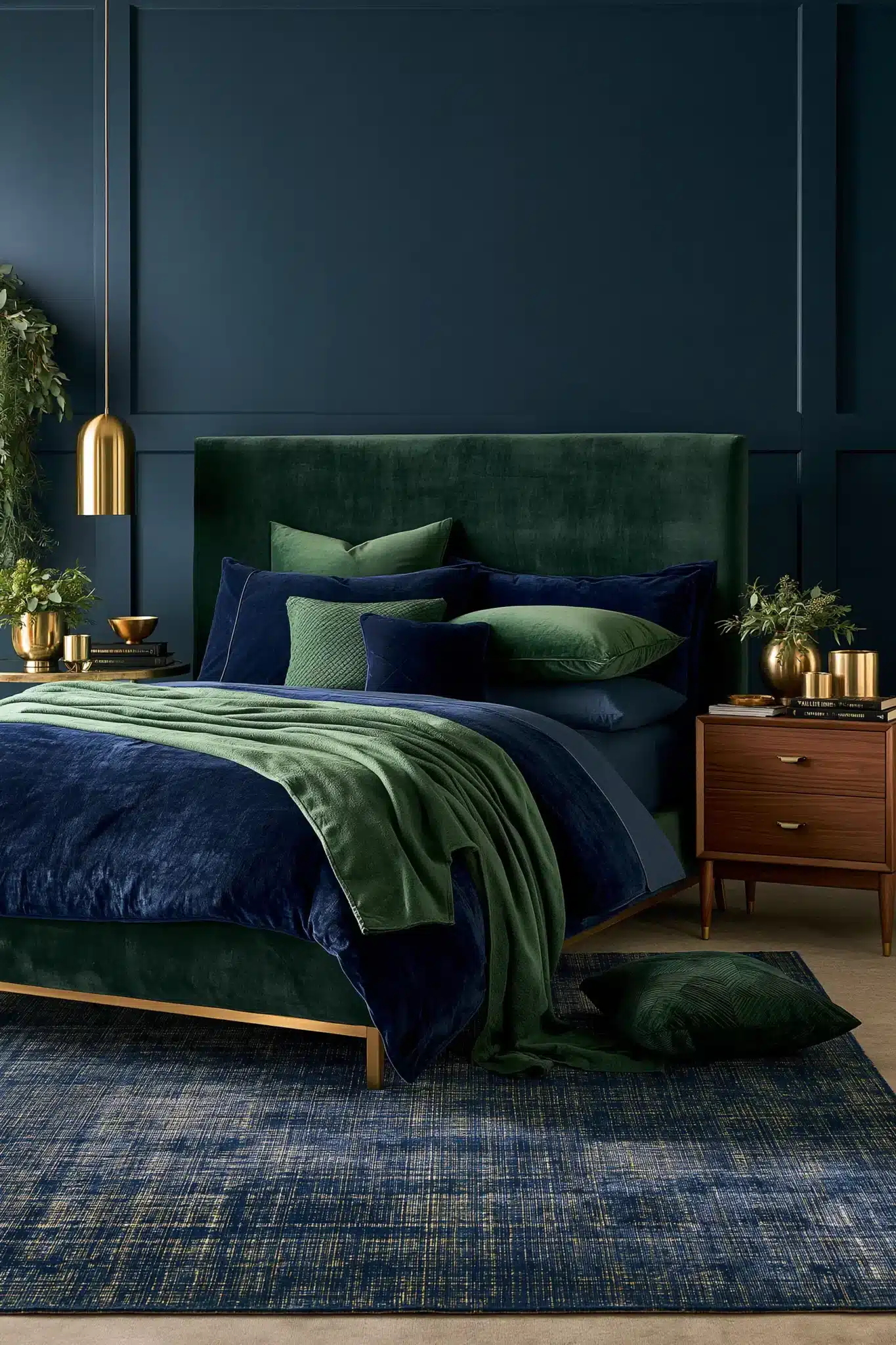 29 Navy Blue and Green Bedroom Ideas with Real Plants 23