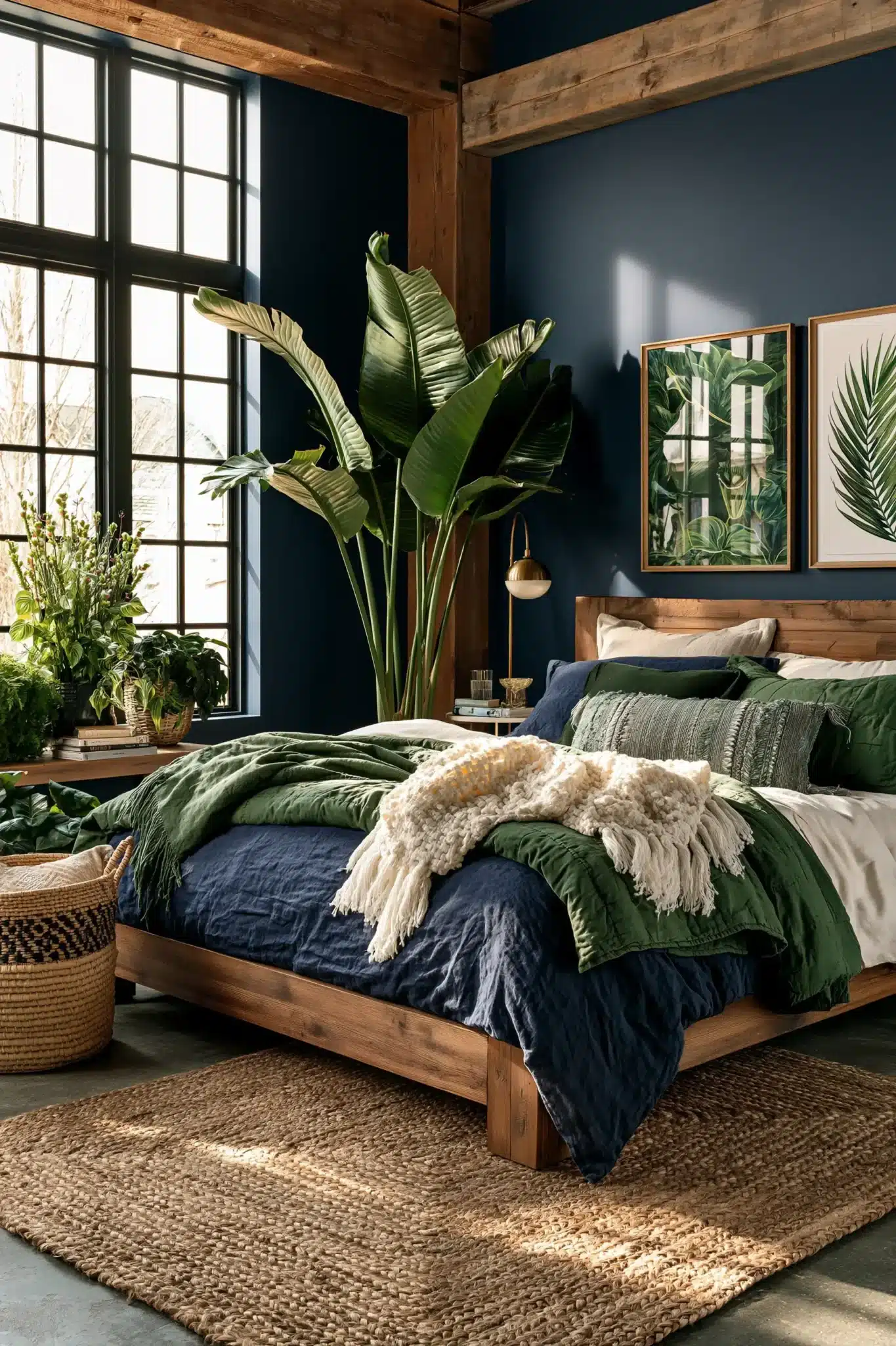 29 Navy Blue and Green Bedroom Ideas with Real Plants 24