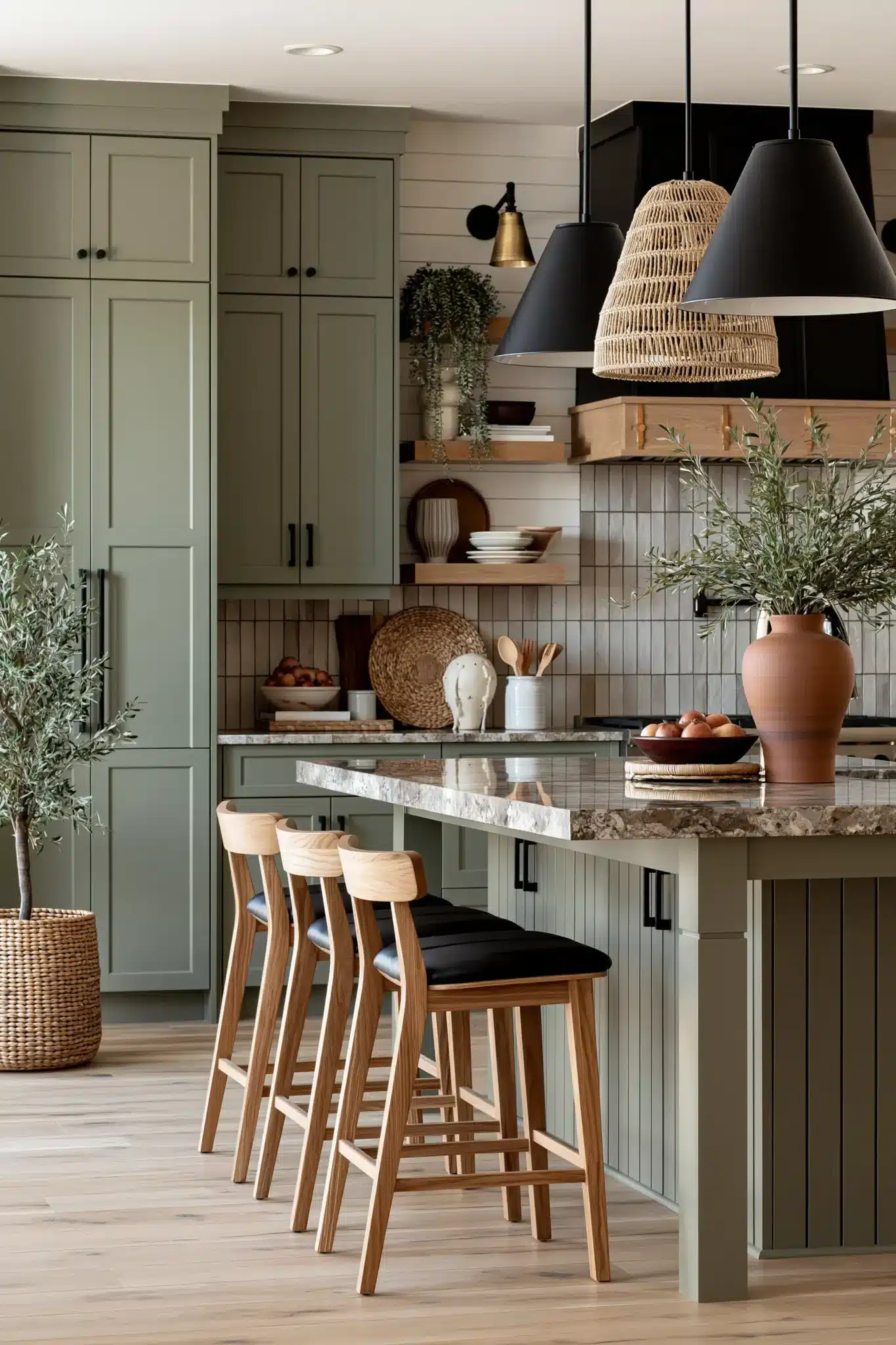 29 Sage Green and Black Kitchen Ideas with Brass Pulls 24