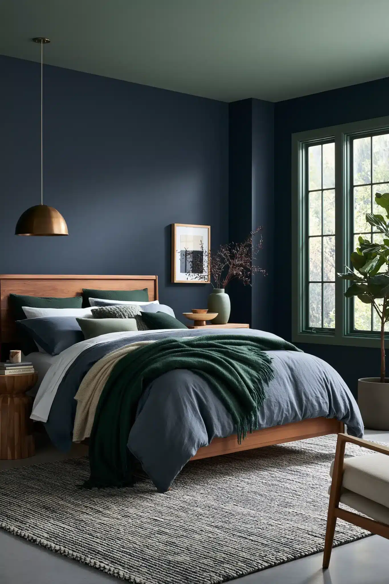 29 Navy Blue and Green Bedroom Ideas with Real Plants 25