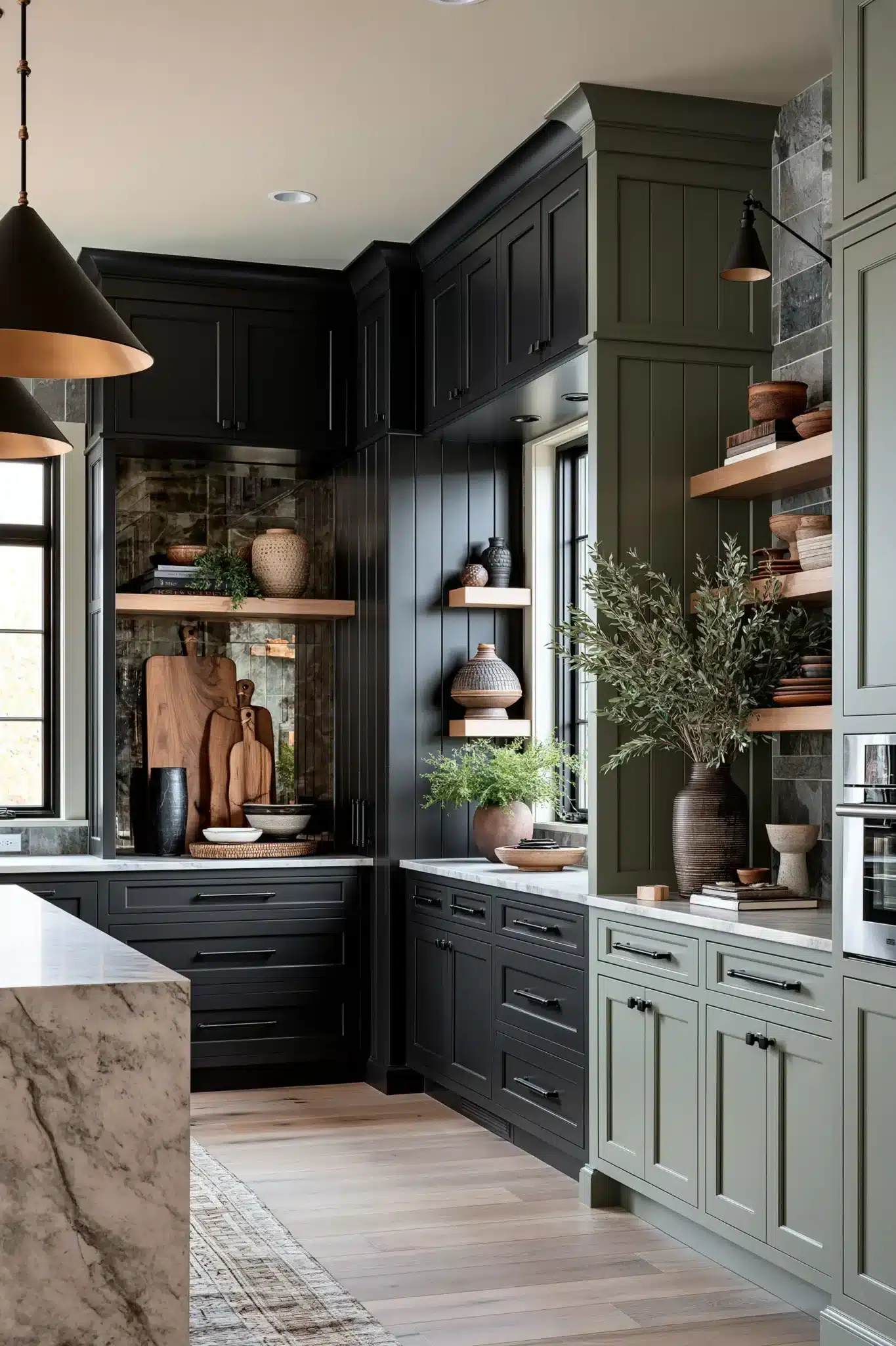 29 Sage Green and Black Kitchen Ideas with Brass Pulls 25