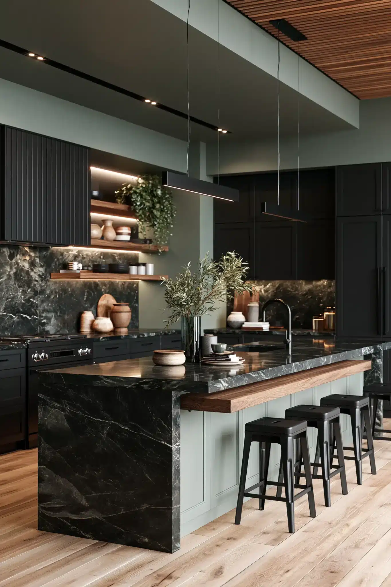 29 Sage Green and Black Kitchen Ideas with Brass Pulls 26