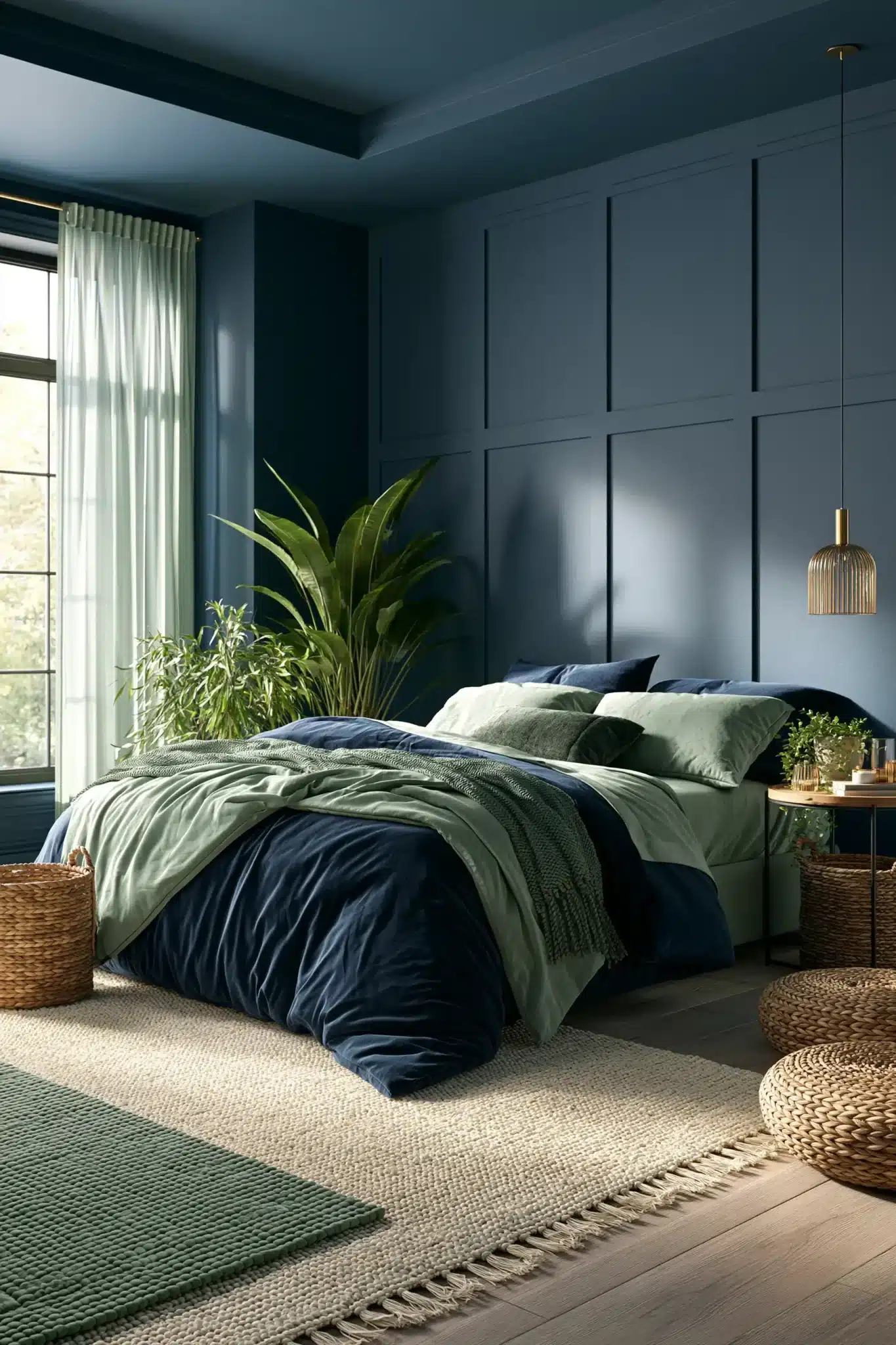 29 Navy Blue and Green Bedroom Ideas with Real Plants 26
