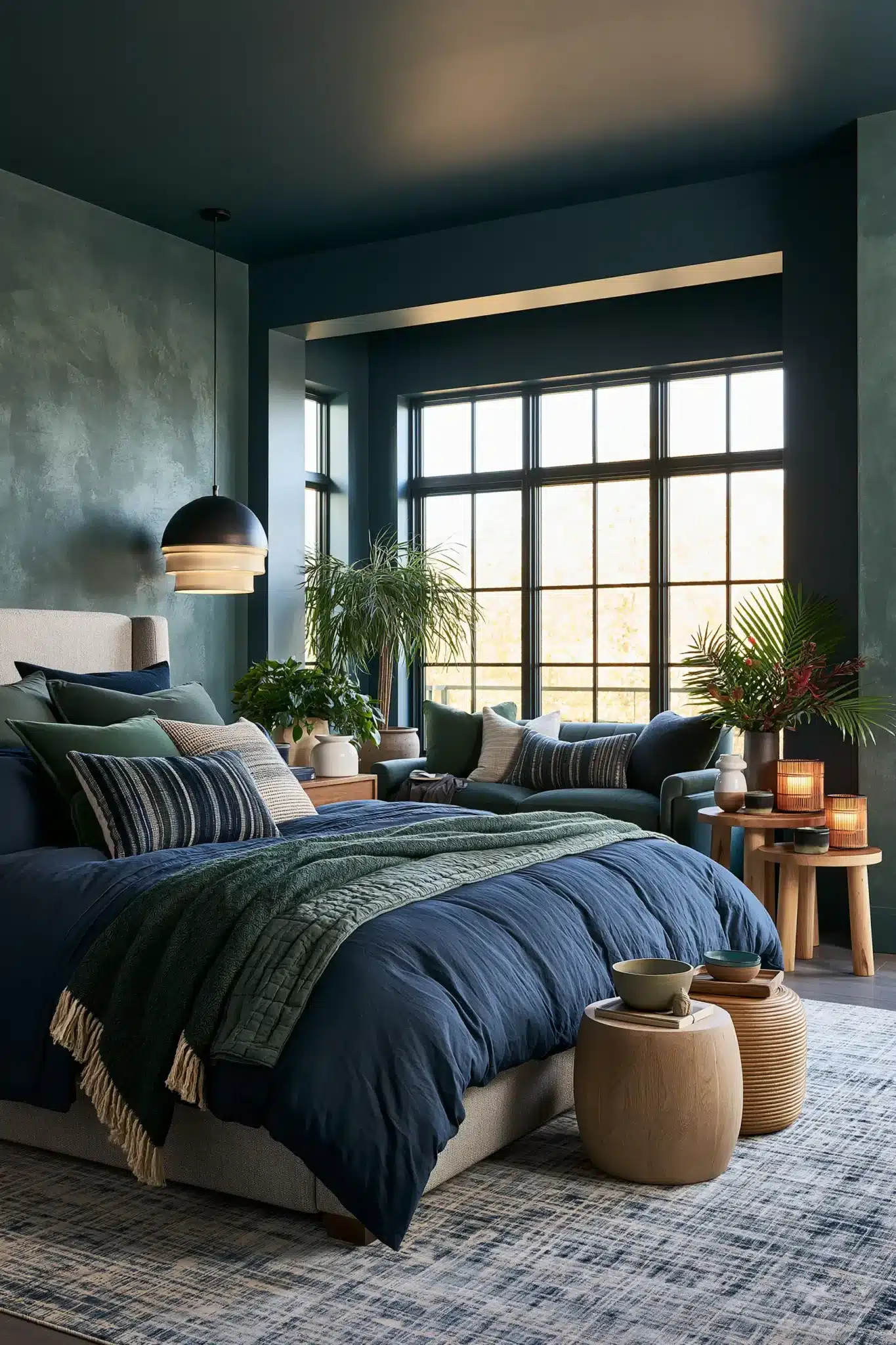 29 Navy Blue and Green Bedroom Ideas with Real Plants 27