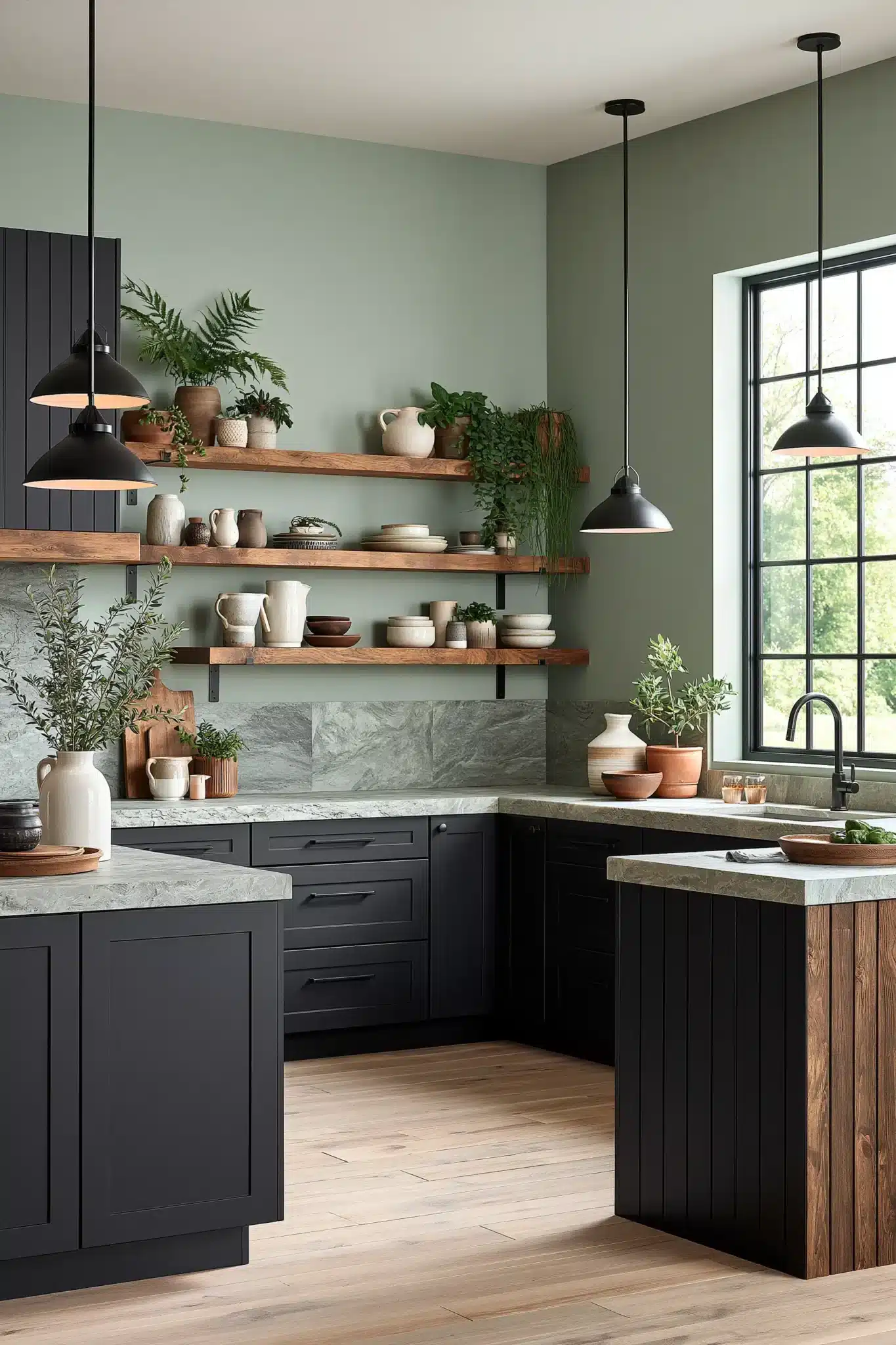 29 Sage Green and Black Kitchen Ideas with Brass Pulls 28
