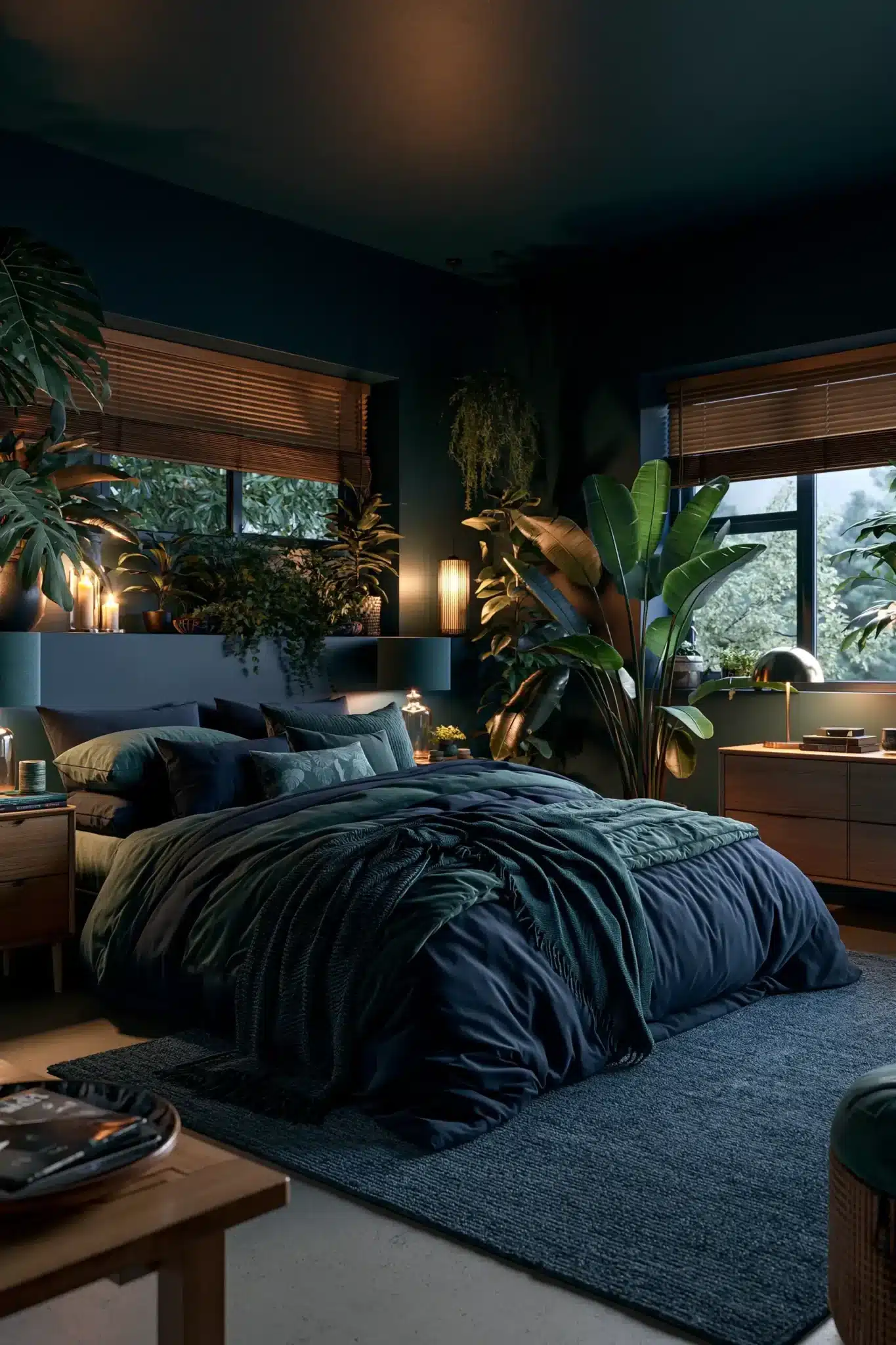29 Navy Blue and Green Bedroom Ideas with Real Plants 29