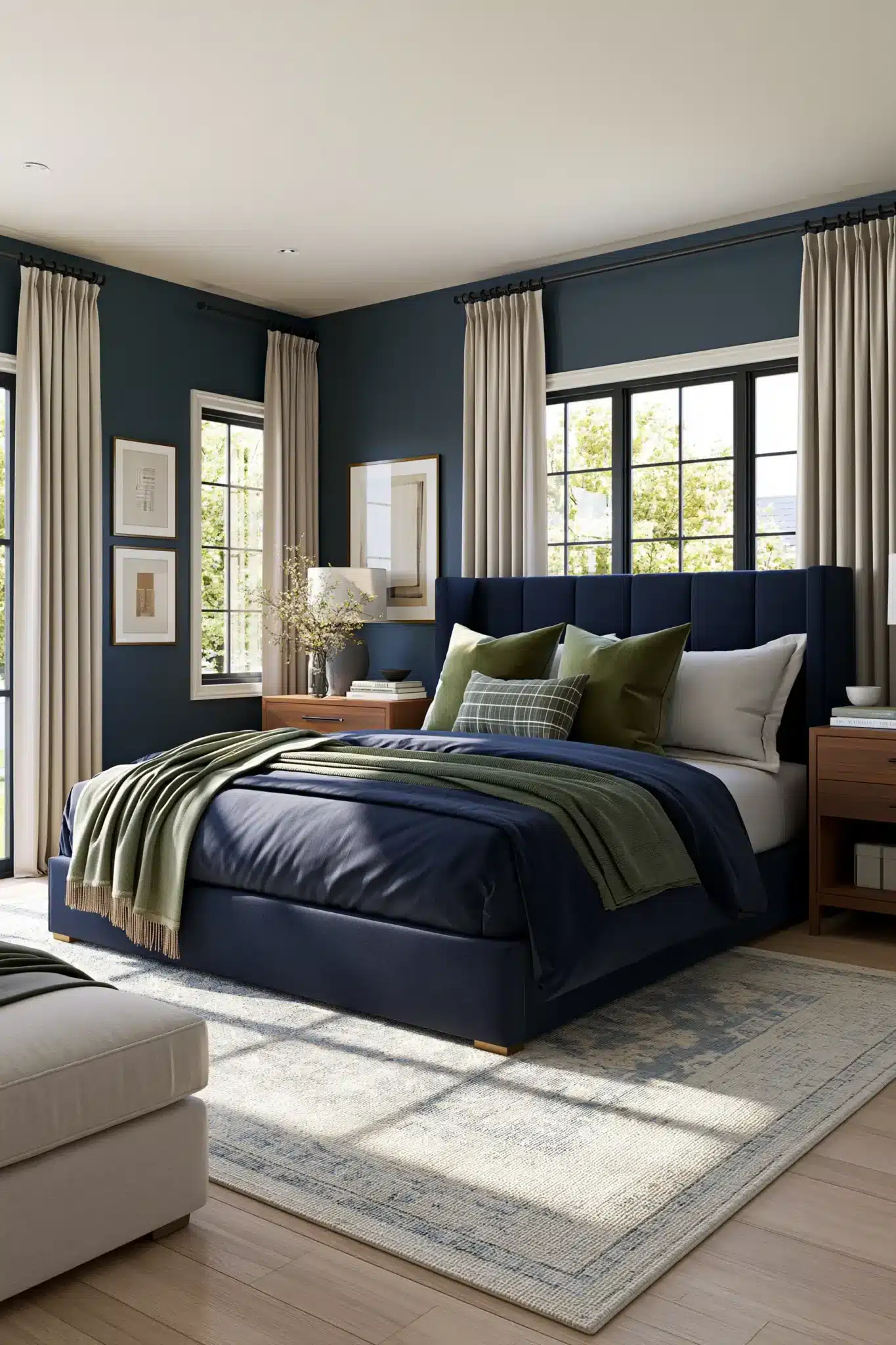 29 Navy Blue and Green Bedroom Ideas with Real Plants 3