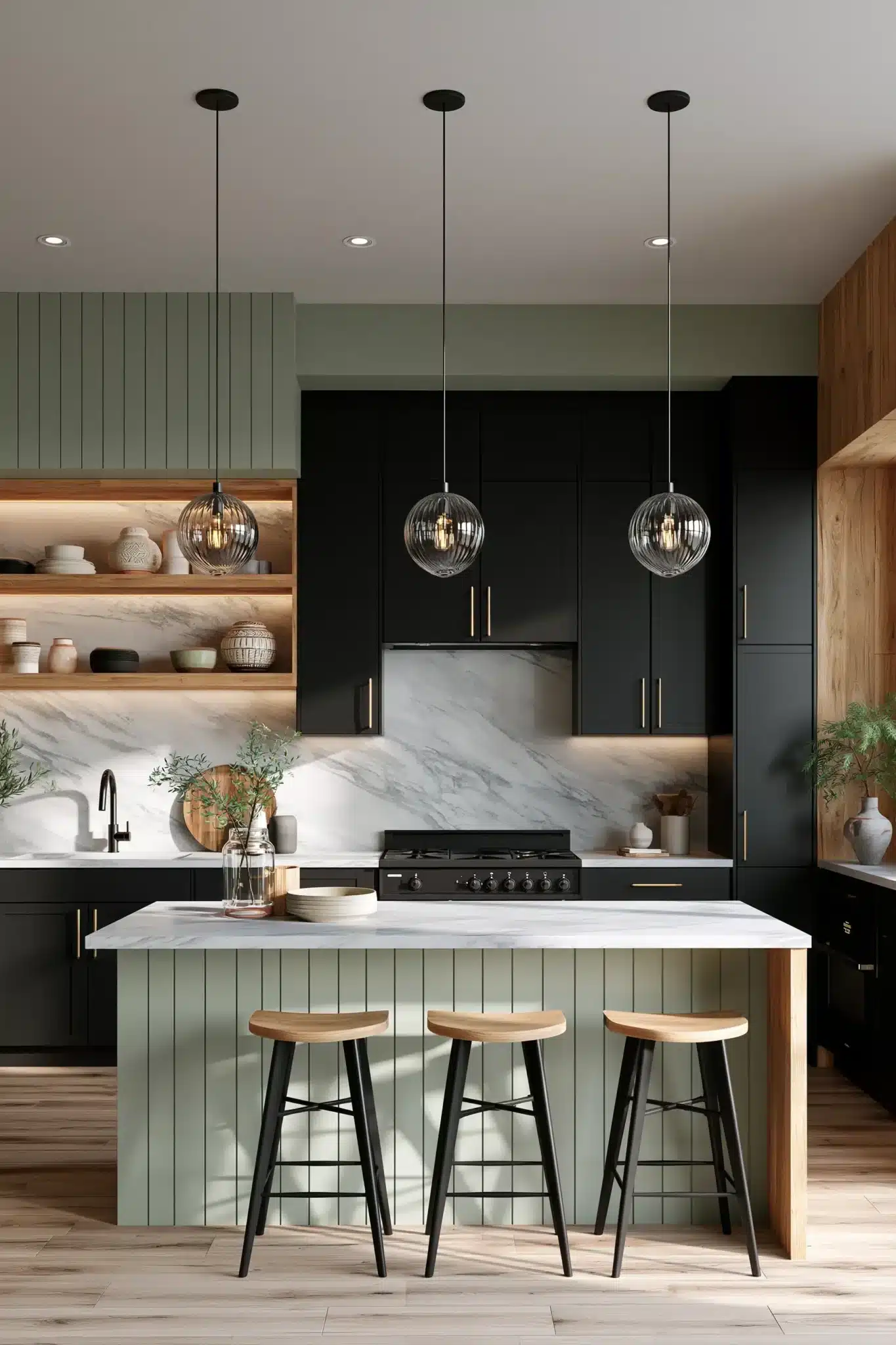 29 Sage Green and Black Kitchen Ideas with Brass Pulls 3