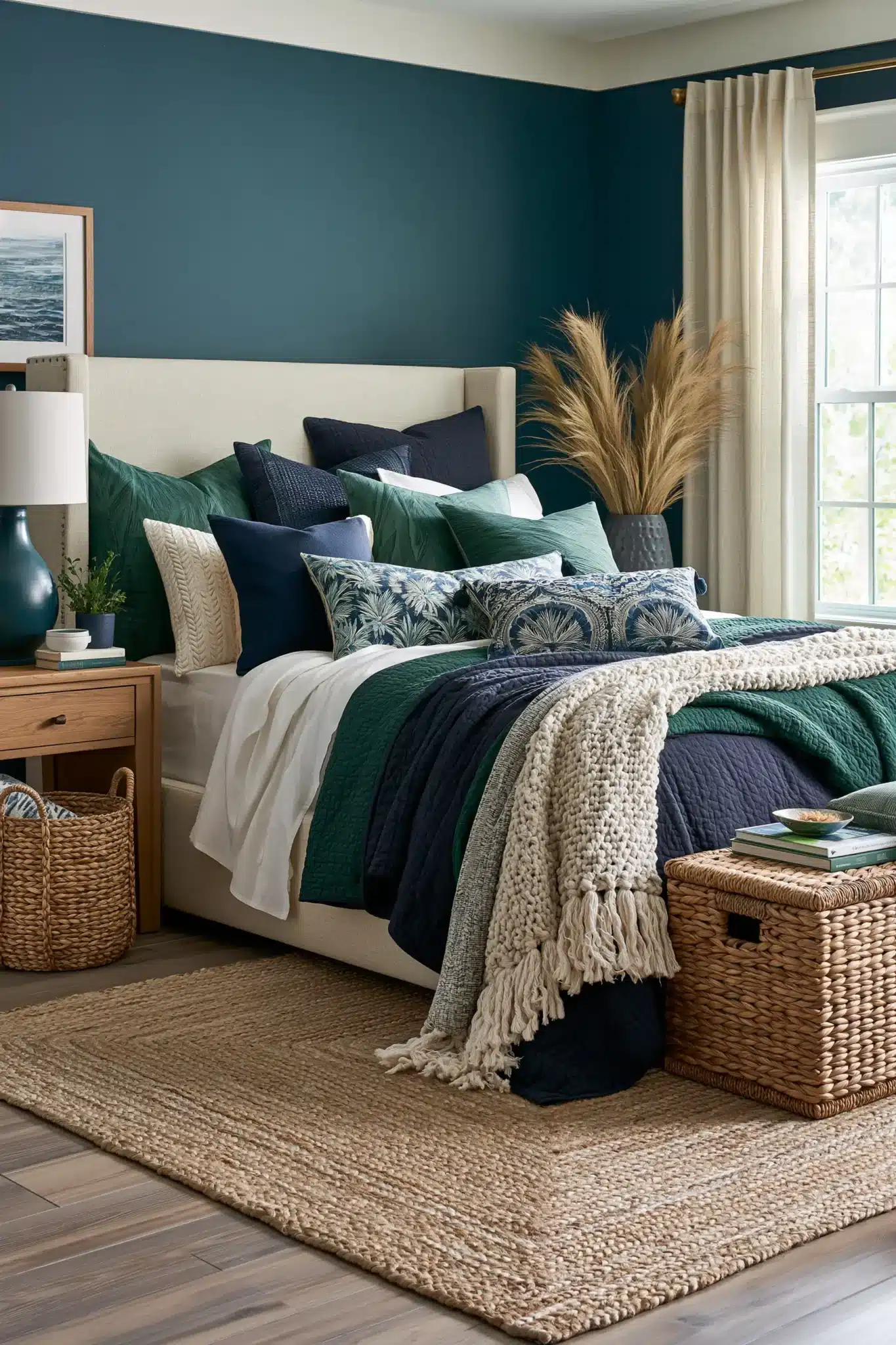 29 Navy Blue and Green Bedroom Ideas with Real Plants 4