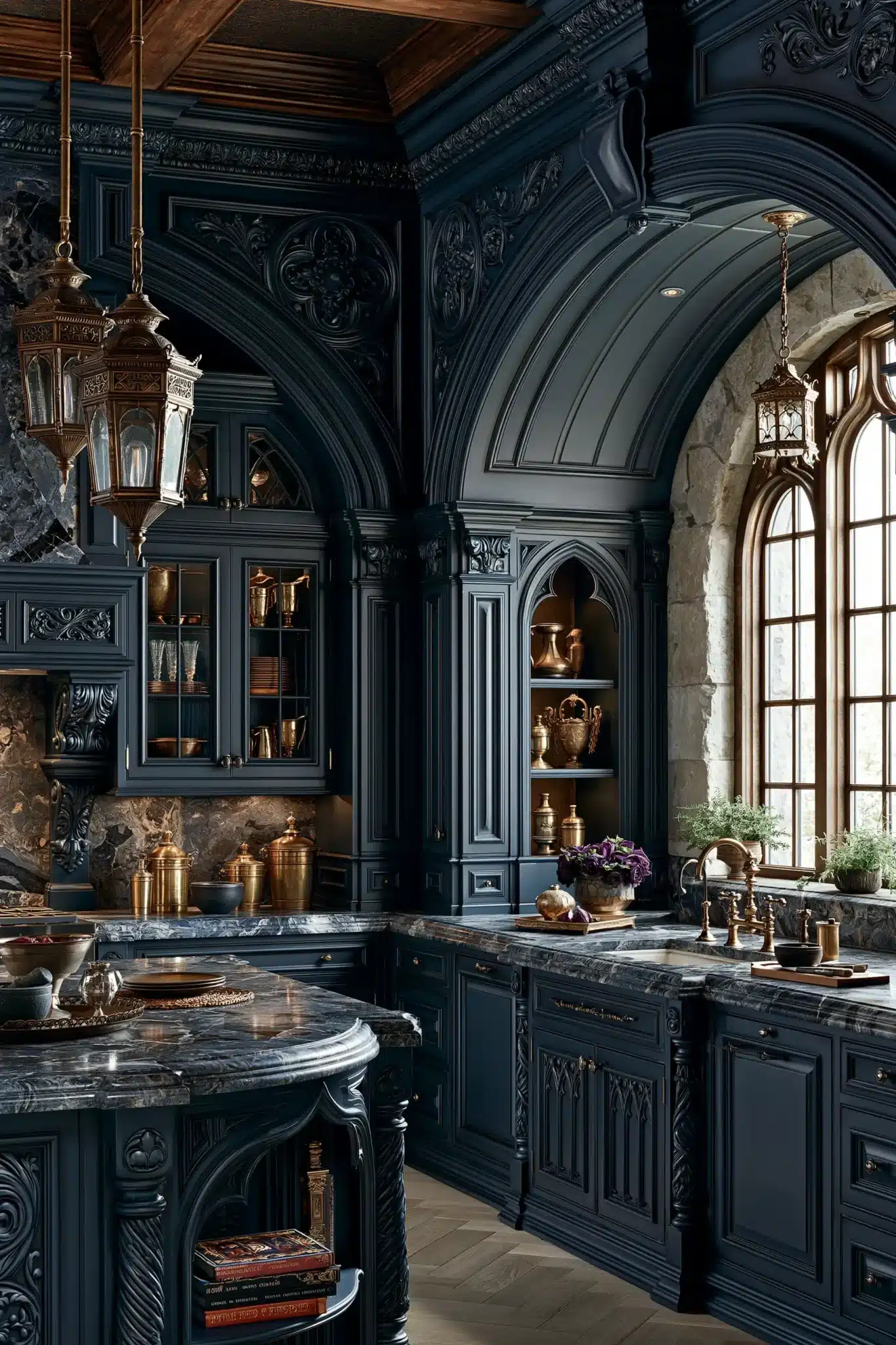 29 Gothic Kitchen Ideas with Stone, Brass, and Black 4