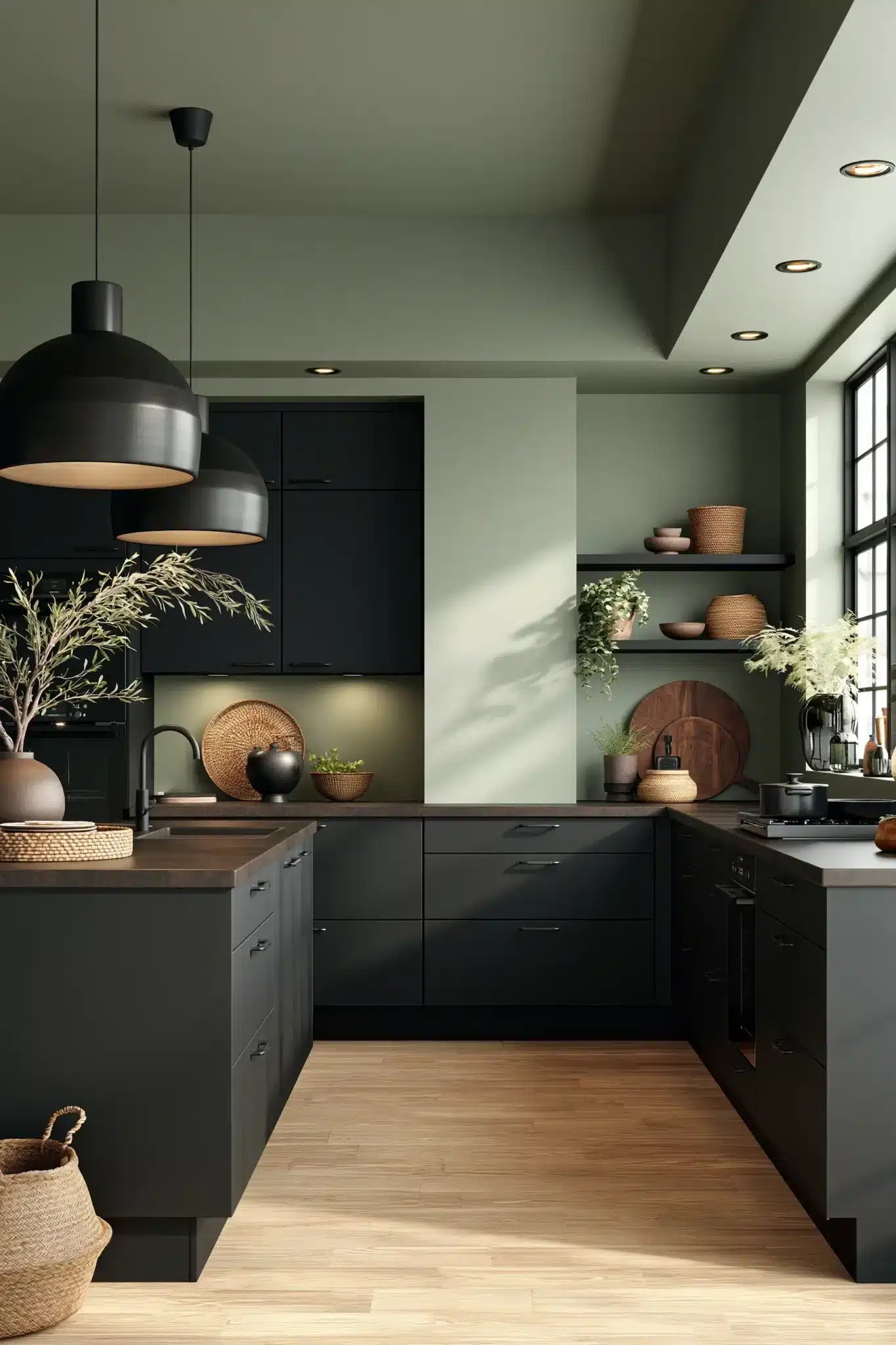 29 Sage Green and Black Kitchen Ideas with Brass Pulls 4