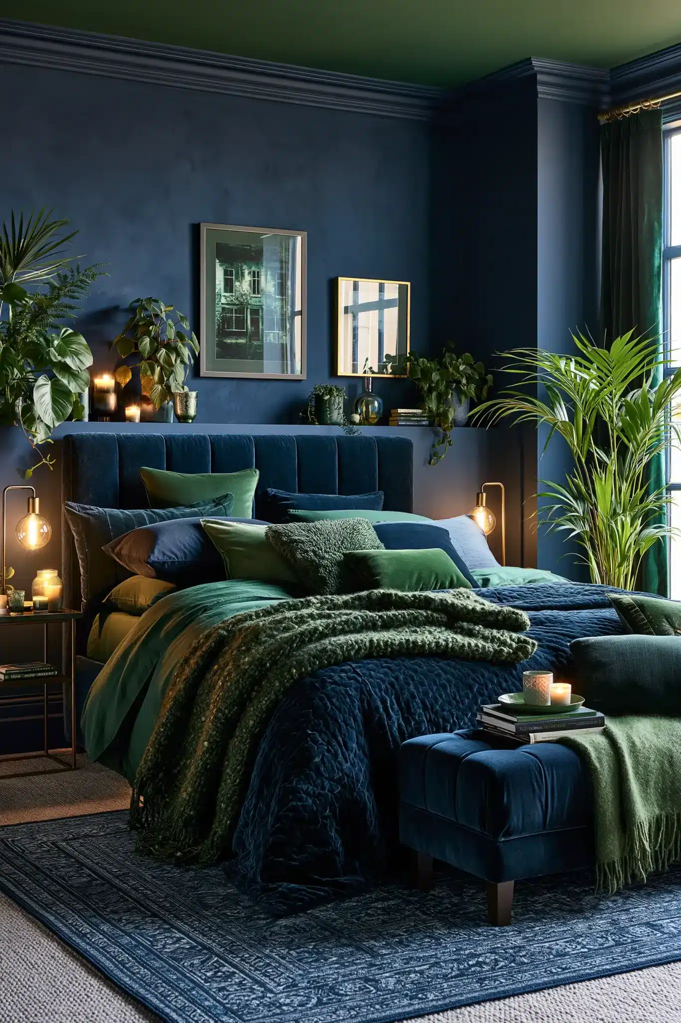 29 Navy Blue and Green Bedroom Ideas with Real Plants 5