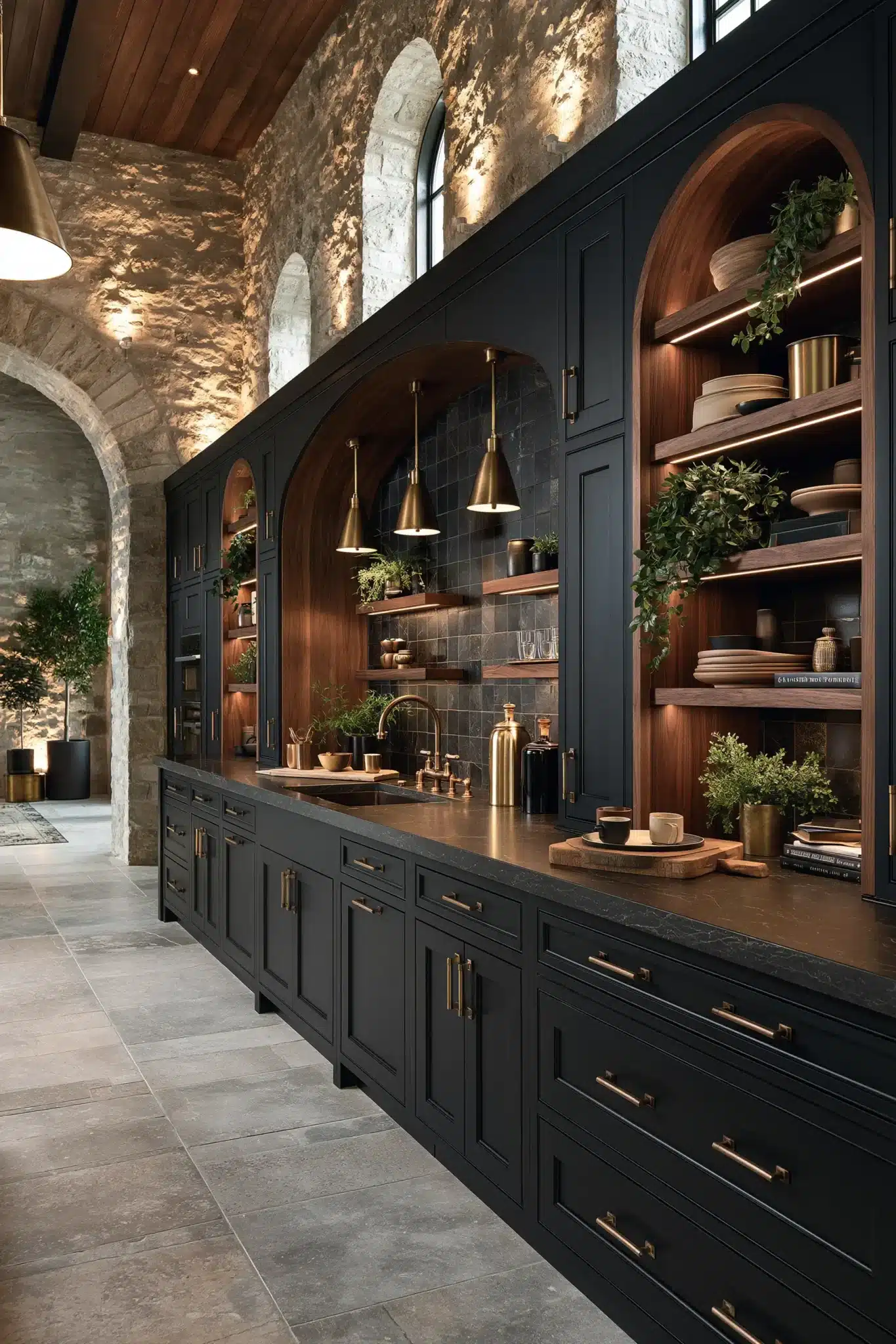 29 Gothic Kitchen Ideas with Stone, Brass, and Black 5