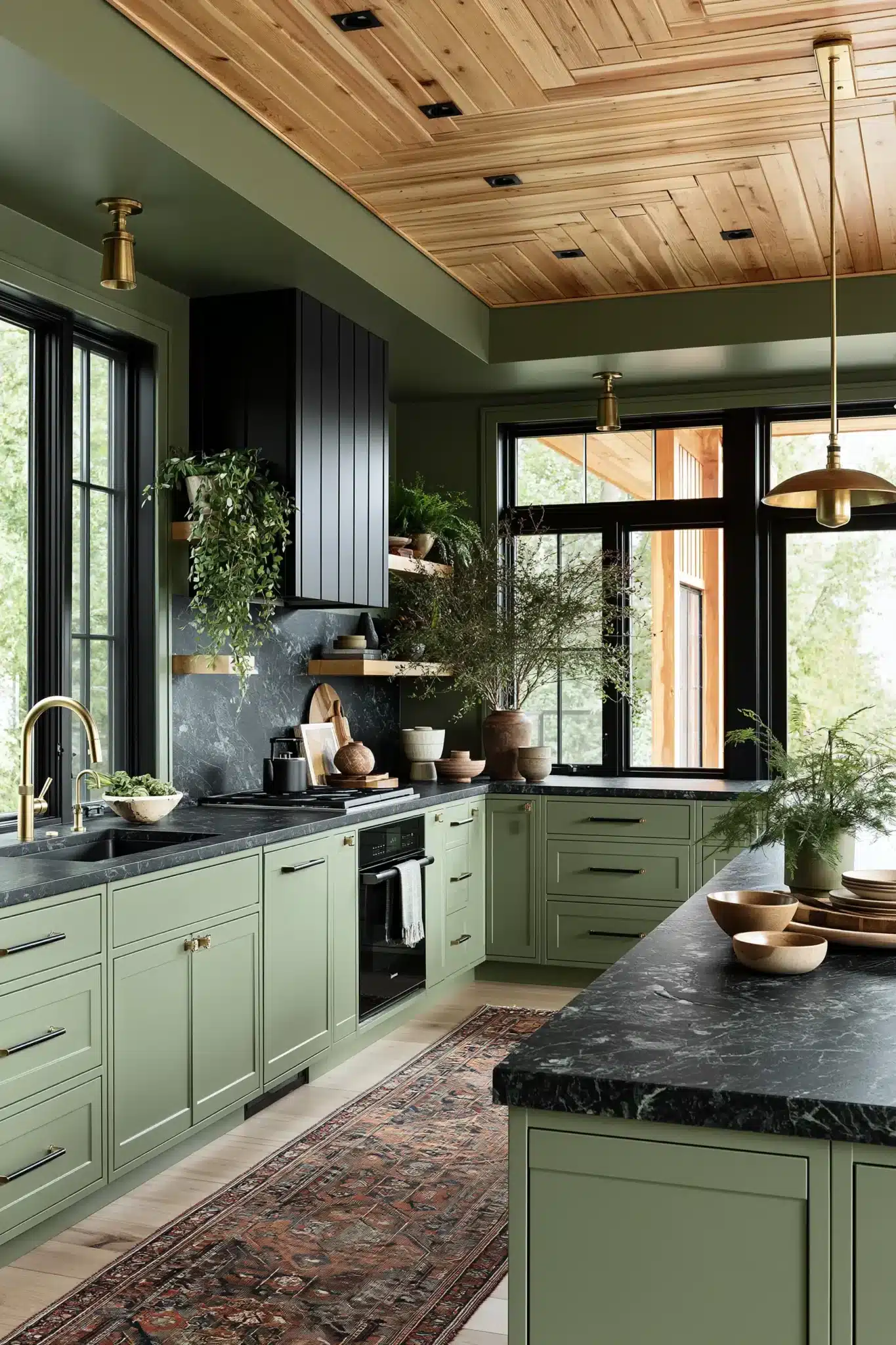 29 Sage Green and Black Kitchen Ideas with Brass Pulls 5