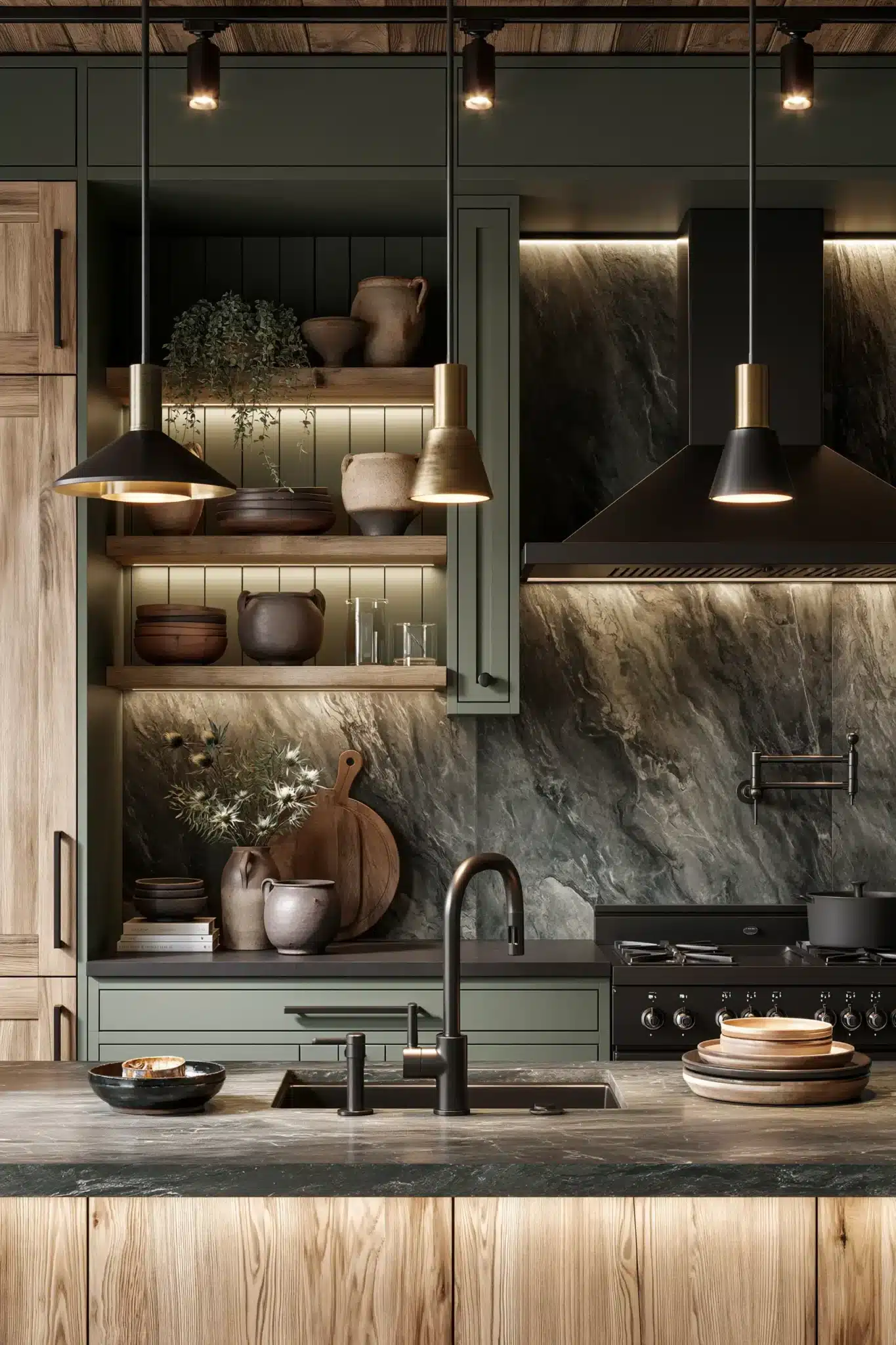 29 Sage Green and Black Kitchen Ideas with Brass Pulls 6