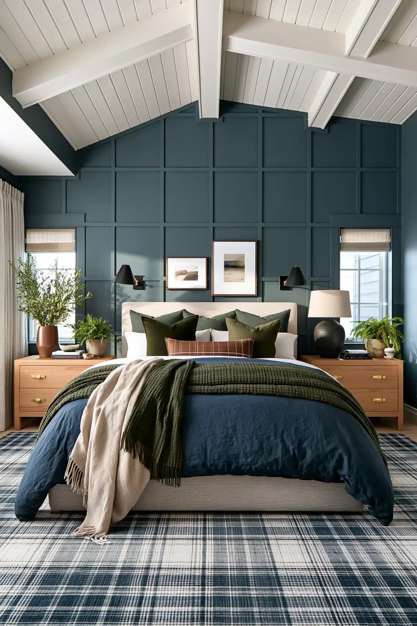 29 Navy Blue and Green Bedroom Ideas with Real Plants 6