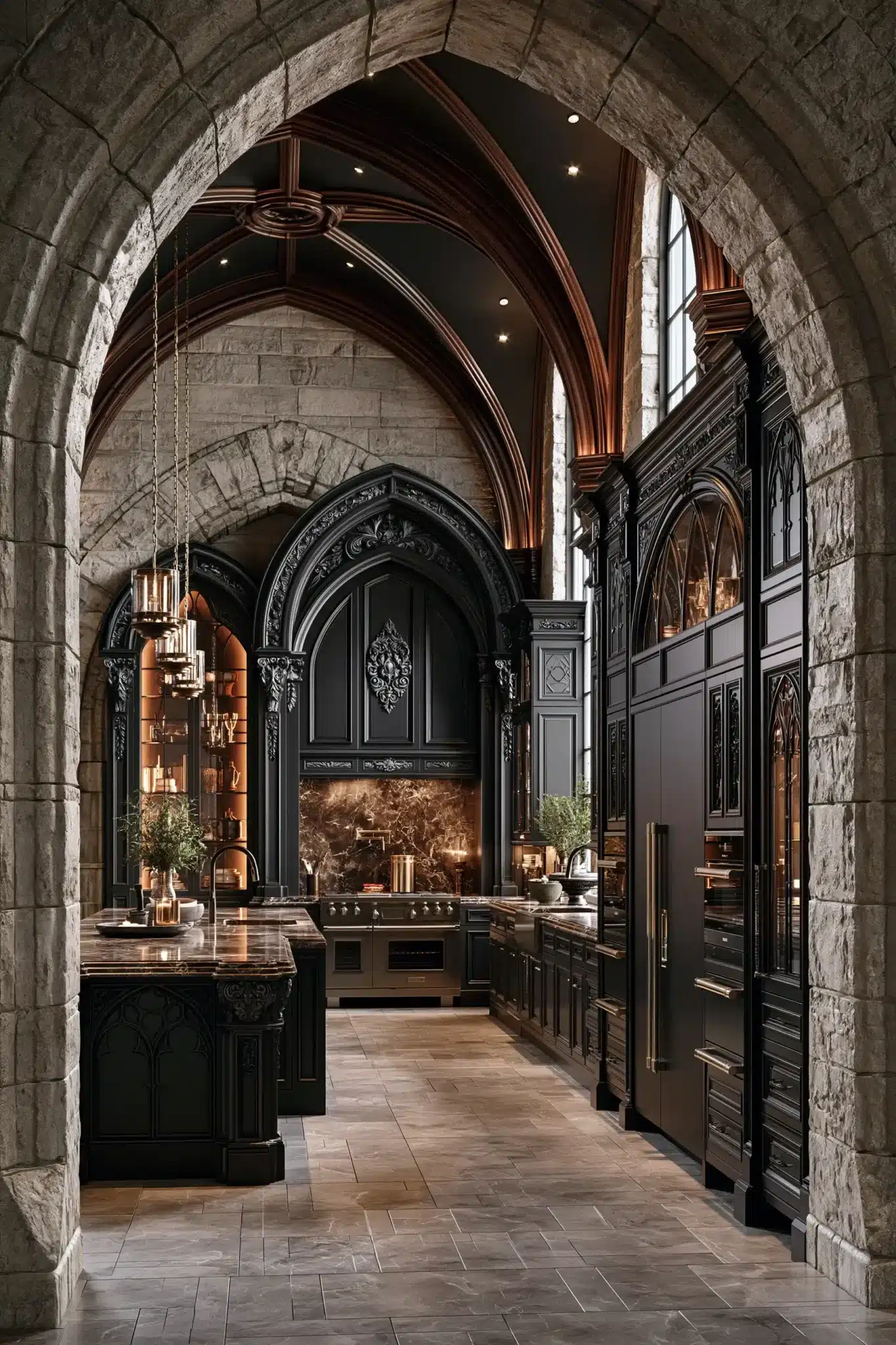 29 Gothic Kitchen Ideas with Stone, Brass, and Black 7