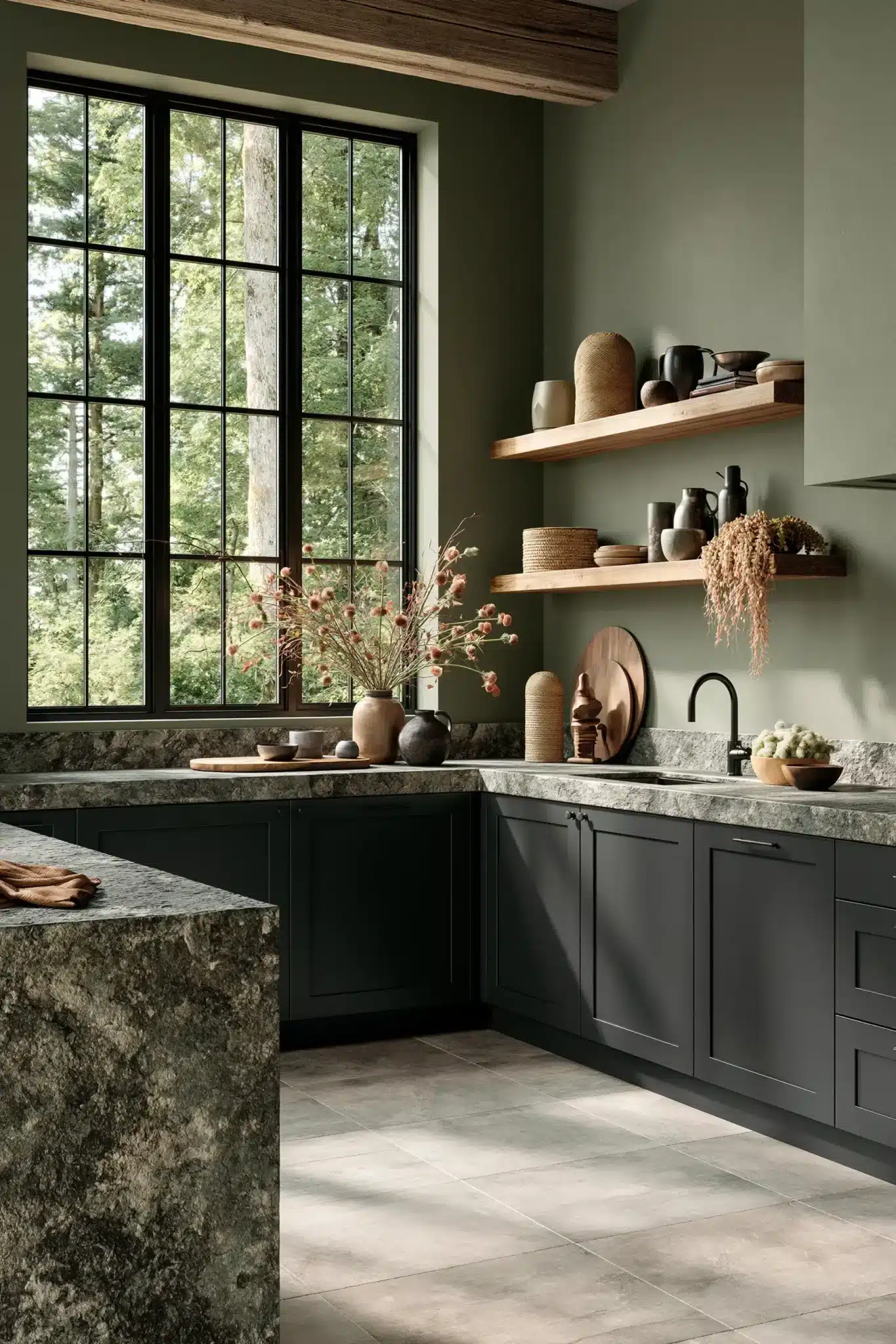 29 Sage Green and Black Kitchen Ideas with Brass Pulls 7