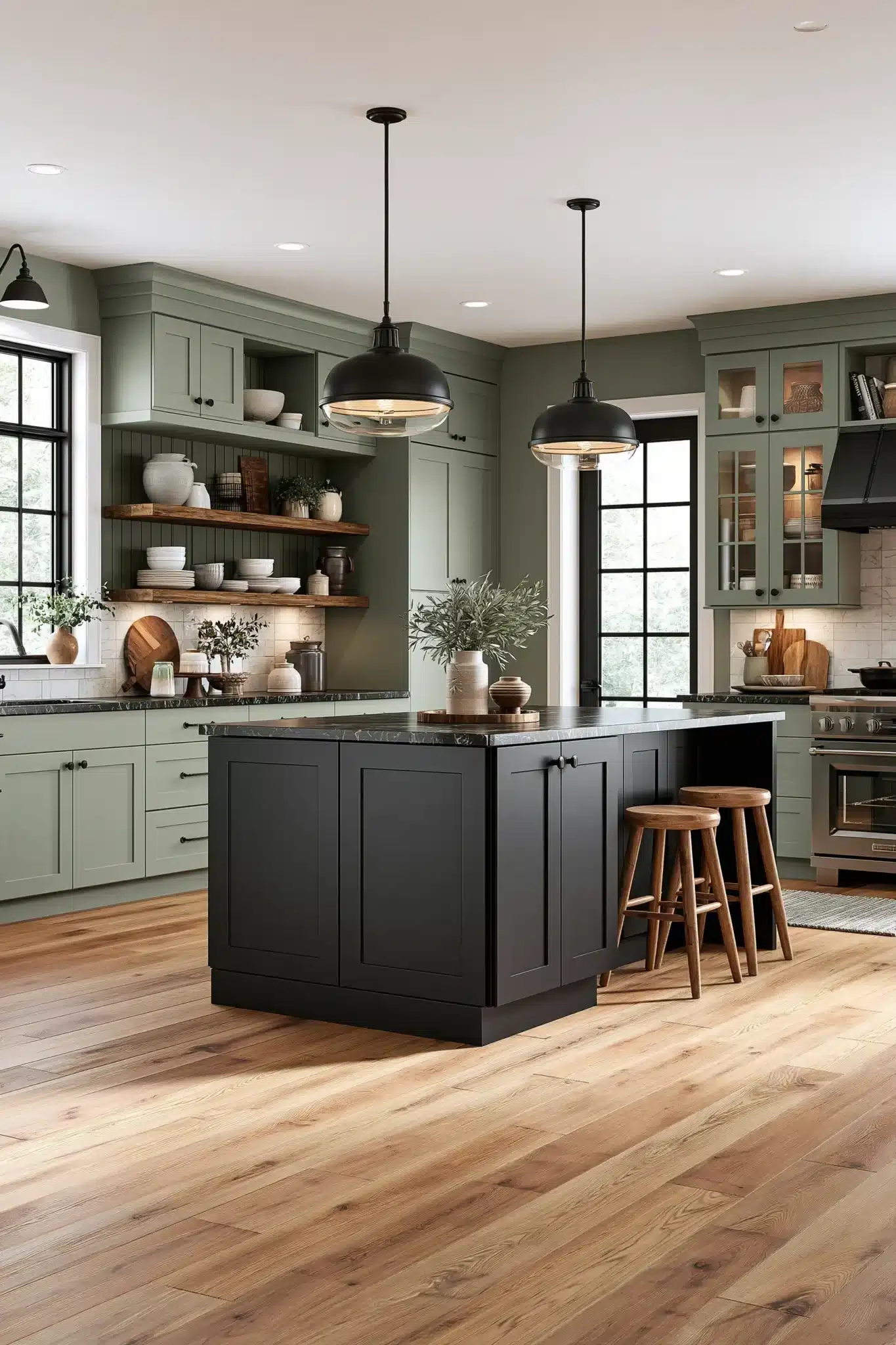 29 Sage Green and Black Kitchen Ideas with Brass Pulls 8