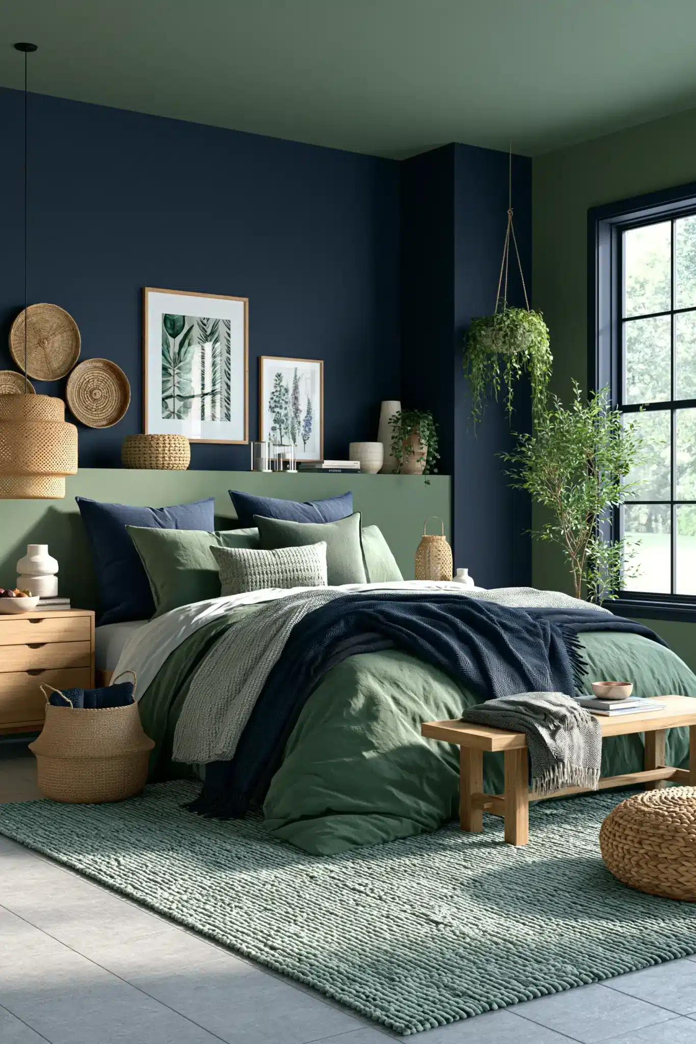 29 Navy Blue and Green Bedroom Ideas with Real Plants 8
