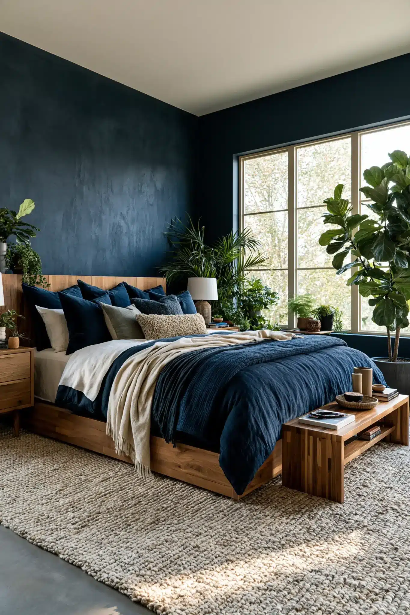 29 Navy Blue and Green Bedroom Ideas with Real Plants 9