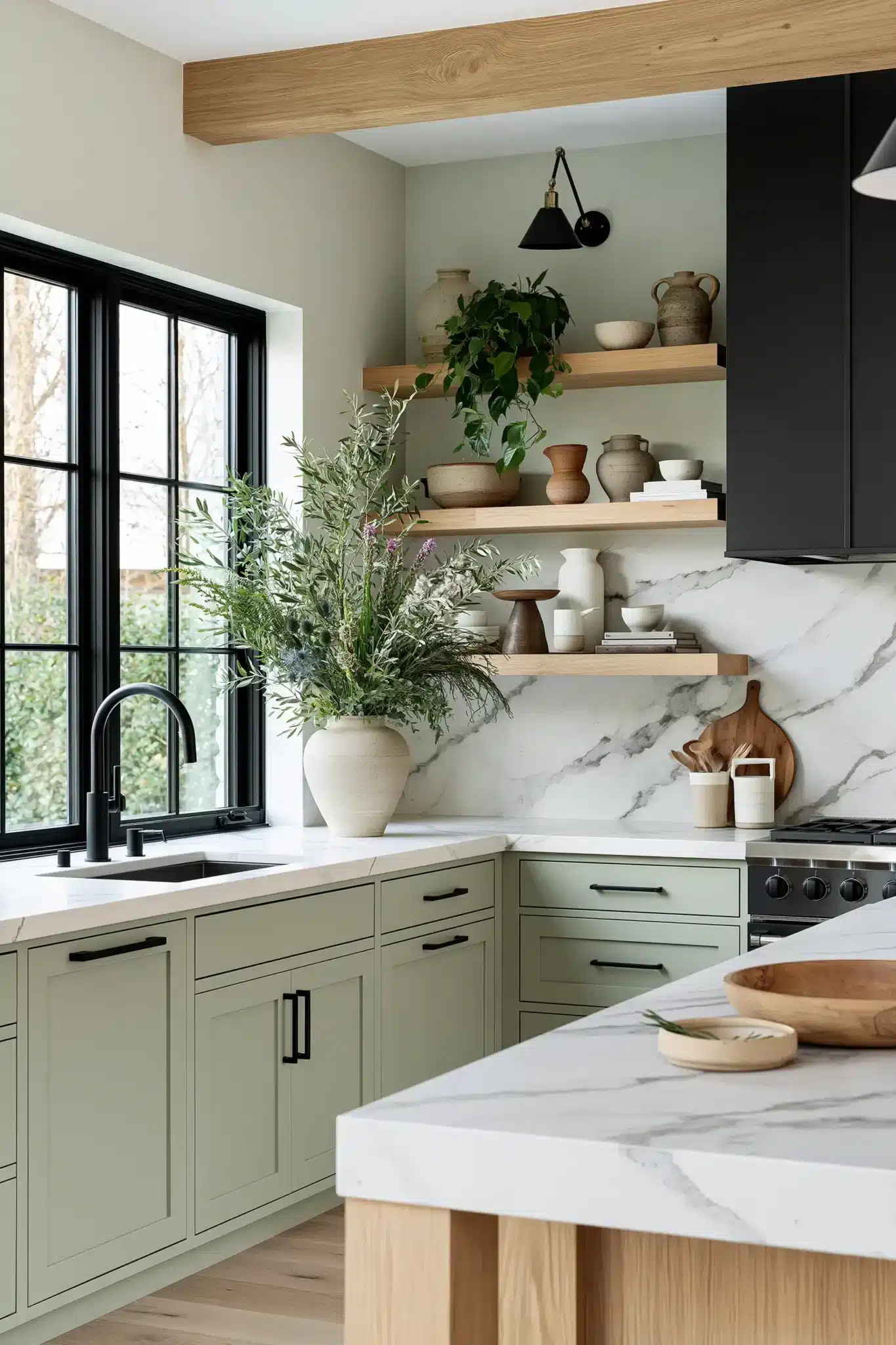 29 Sage Green and Black Kitchen Ideas with Brass Pulls 9